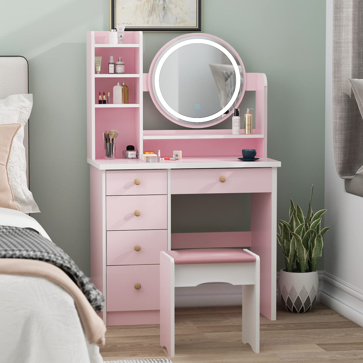 FAMAPY Pink Makeup Vanity Set with LED Lights, Large Storage Dressing Table, Cushion Stool - Perfect for Bedroom, Beauty Salon & Home Decor