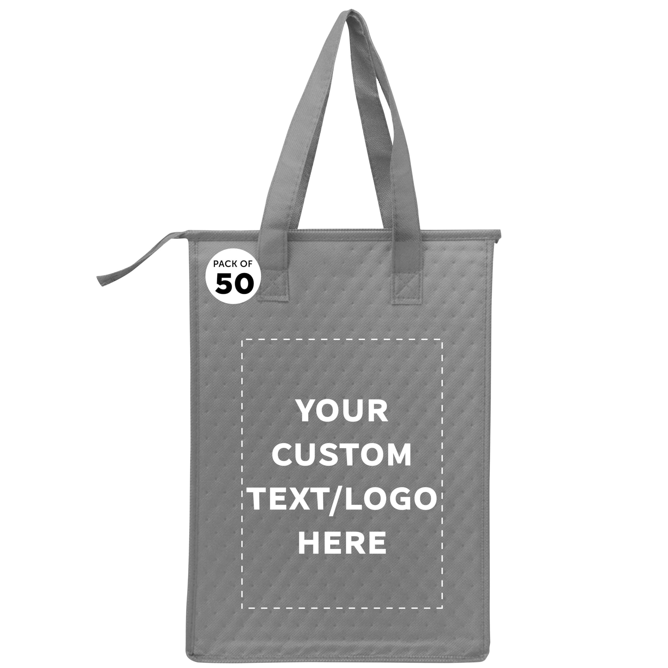Custom Insulated Lunch Tote Bags with Zipper - Set of 50, Grey, Unisex - Perfect for Office, School & Picnics | Bulk Discount Promos