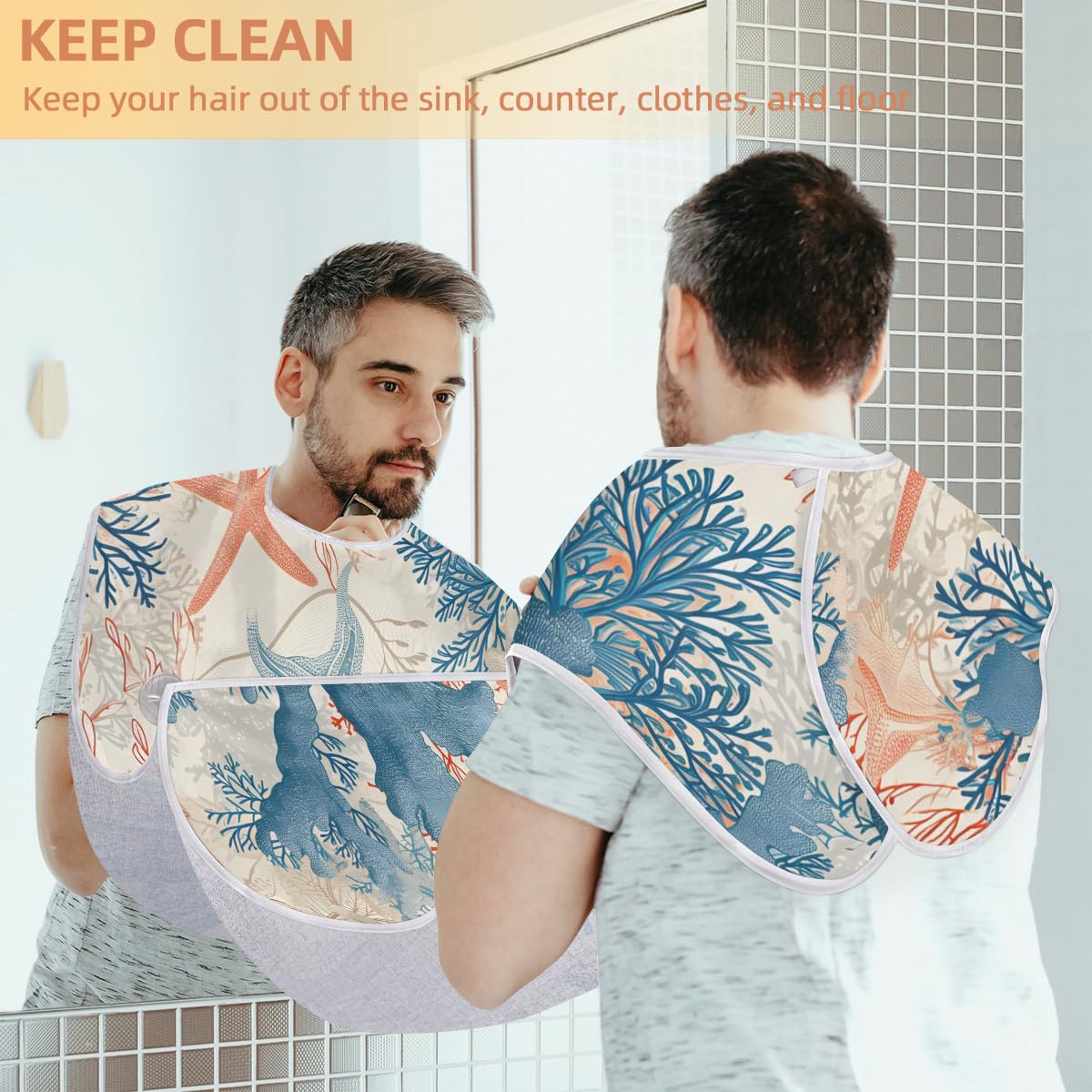 Men's Starfish Coral Print Beard Shaving Bib - Waterproof Makeup & Hair Dye Apron for Barbers & Stylists - Sink Hair Catcher & Beard Trimming Tool - Perfect for Salon, Home Grooming & Gift Giving