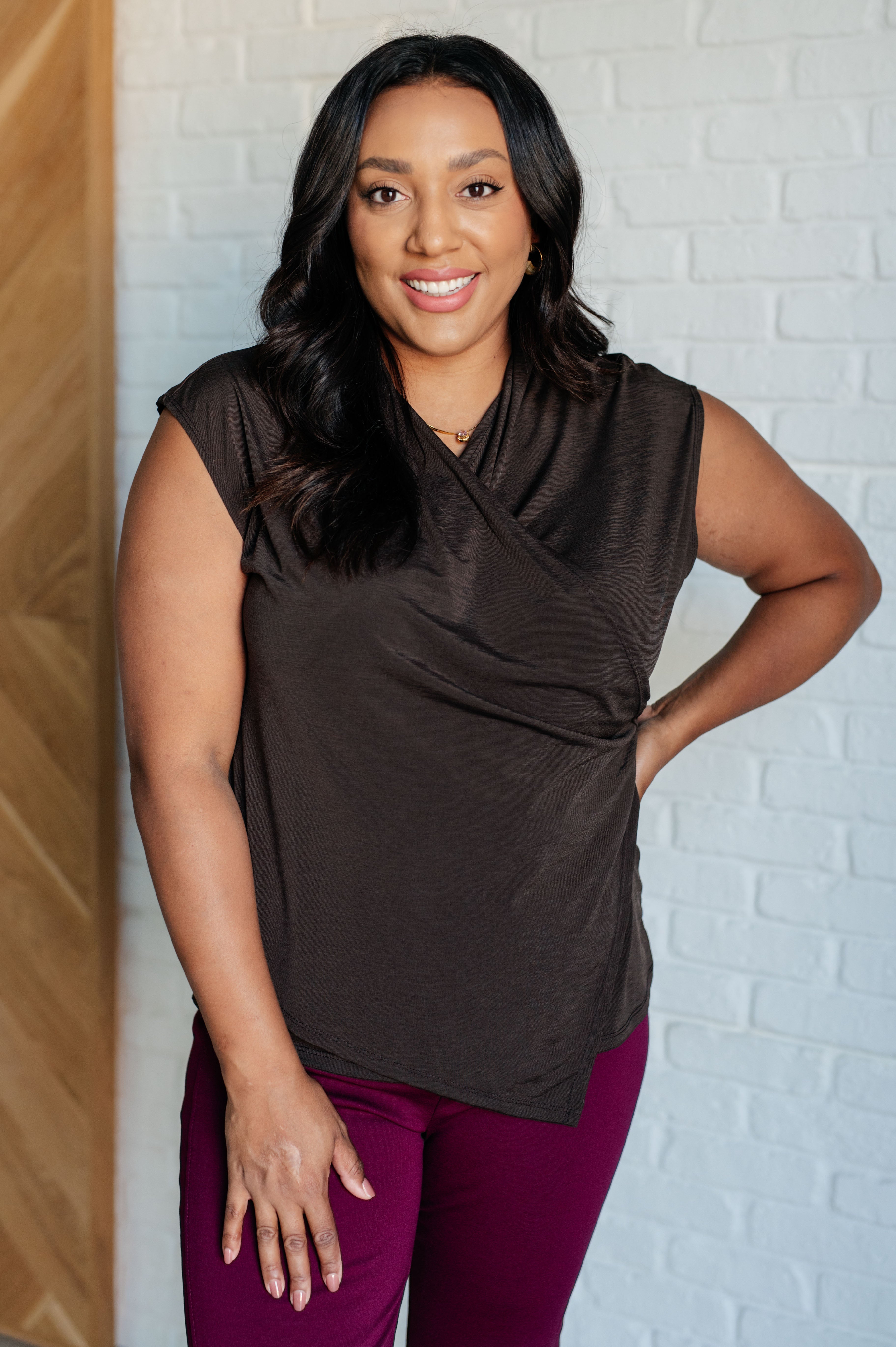 Classic Surplice Front Top in Chocolate Brown - Elegant Women's Blouse for Work, Date Night & Casual Outfits