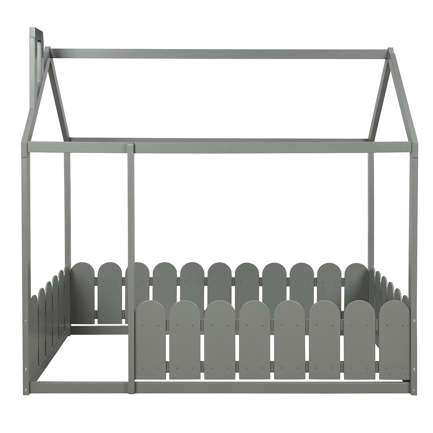 **House-Shaped Wooden Kids Bed Frame with Safety Fence for Toddlers, Children & Teens - Twin Size, Gray - No Weight Limit, Box Spring Required - Perfect for Nursery, Bedroom & Playroom**