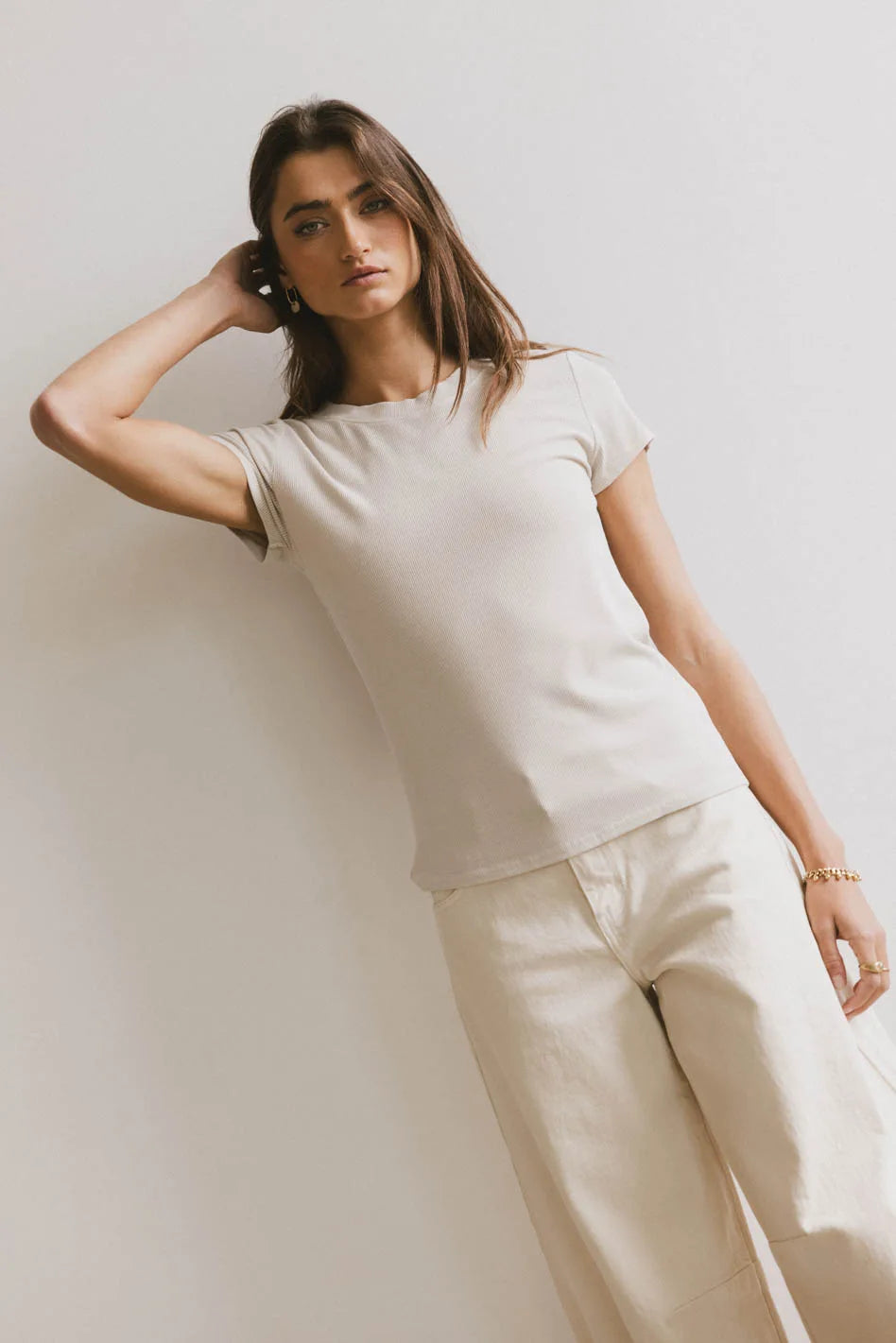 Opal Ribbed Tee in Ecru - Women's Slim Fit Stretch Cotton T-Shirt for Casual Wear & Layering | Final Sale