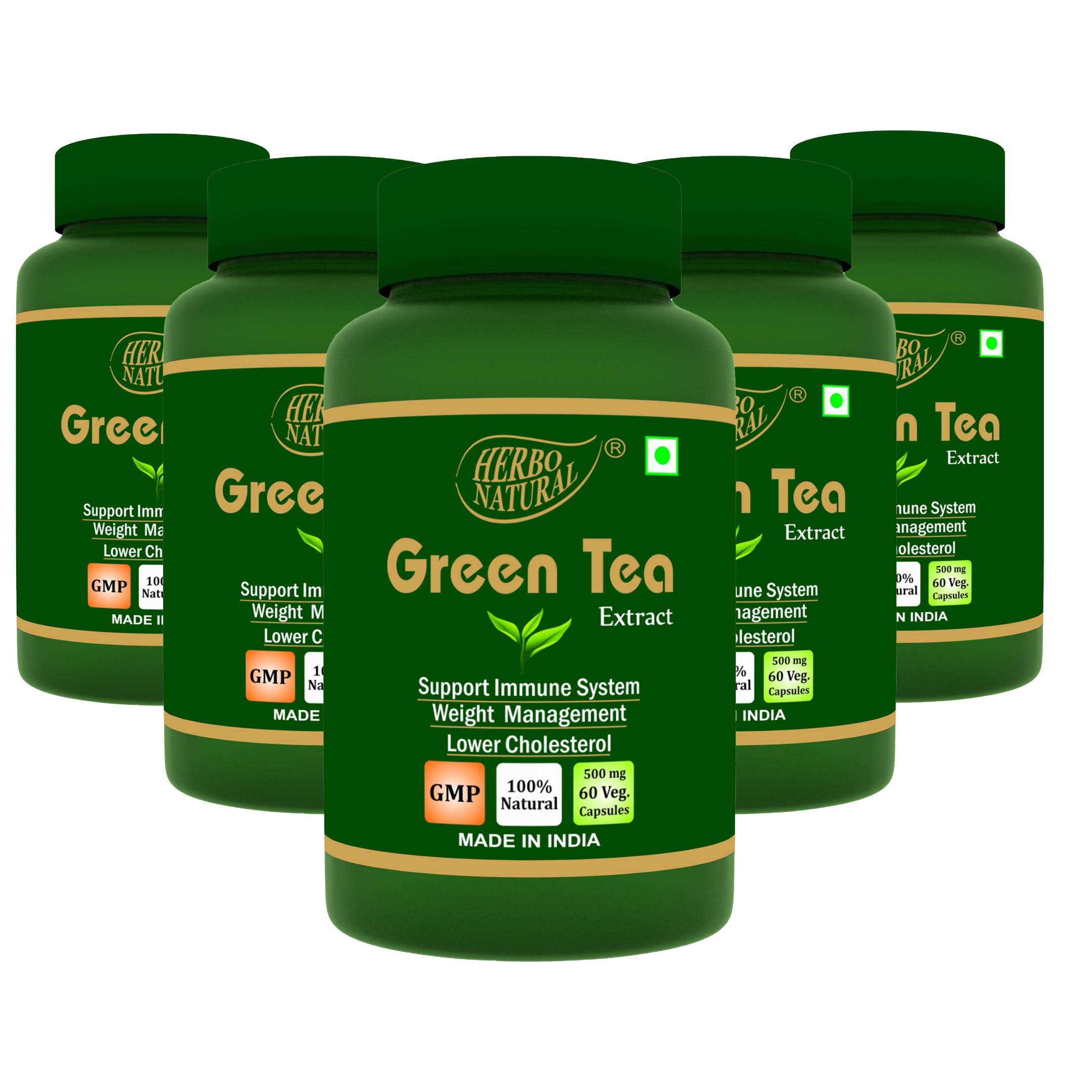 Herbo Natural Herbal Ayurvedic Green Tea Extract 500mg - 60 Veg Capsules (Pack of 5) | GMP Certified | Antioxidant Support, Energy Boost & Weight Management | Perfect for Daily Wellness & Detox Routine
