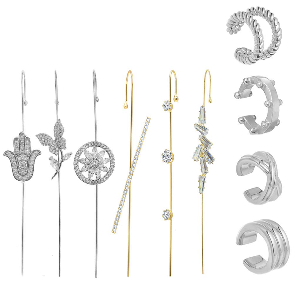 Fashion Gold Ear Cuff Wrap Crawler Hook Earrings Set - Rhinestone Piercing Stud Earrings for Women - Perfect for Parties, Weddings & Everyday Wear