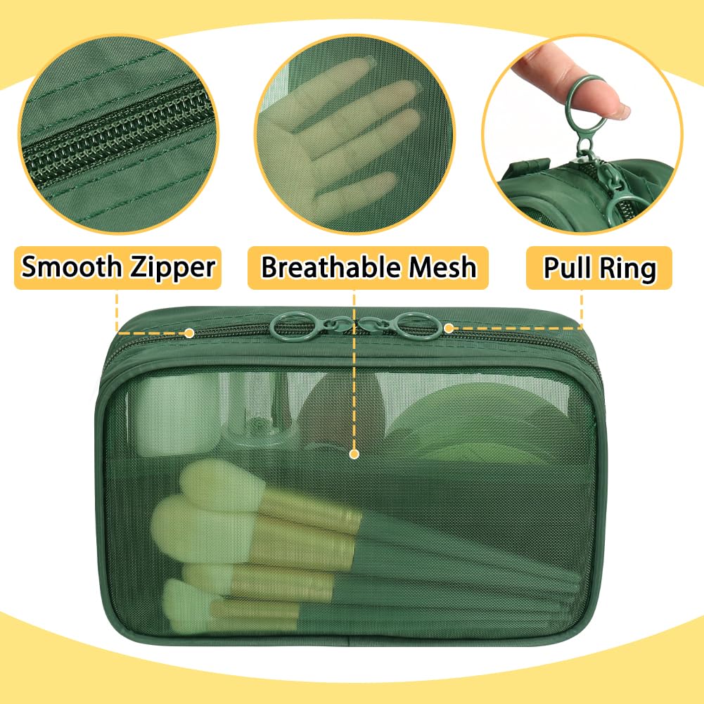3 Pack Mesh Makeup Bags with Zipper - Nylon Cosmetic Organizer Set for Toiletries, Travel & Diaper Bag (Green) - Perfect for Gym, Vacation & Daily Purse Organization