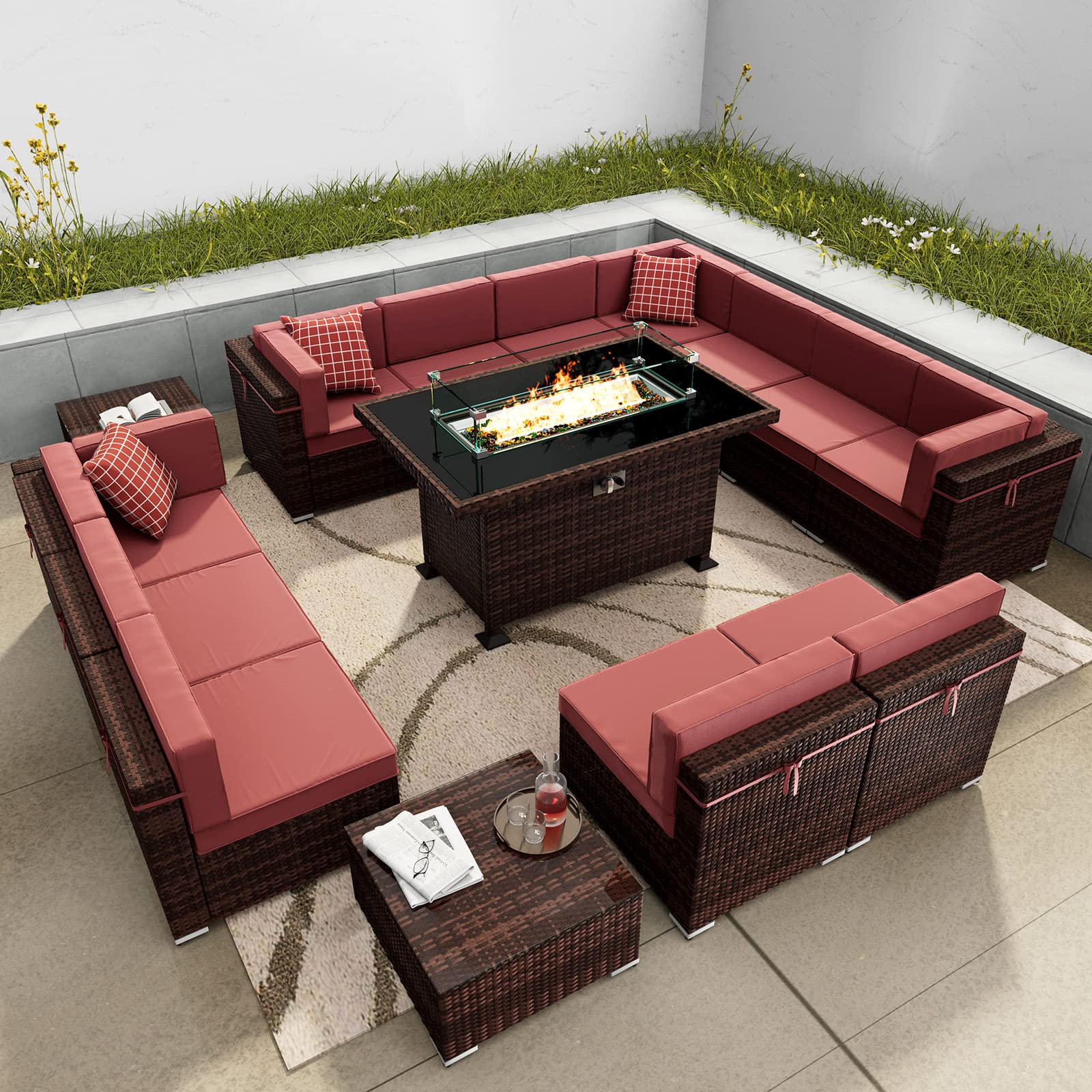 15-Piece Patio Furniture Set with Gas Fire Pit Table - Outdoor Sectional Sofa, 44