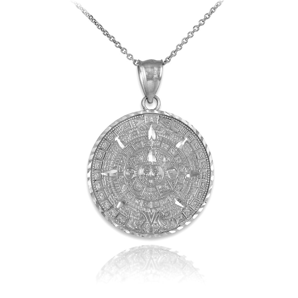 10K White Gold Aztec Mayan Calendar Charm Pendant Necklace with Rolo Chain - Adjustable 16-24 Inch Length - Perfect for Gifts, Cultural Events & Spiritual Jewelry Lovers