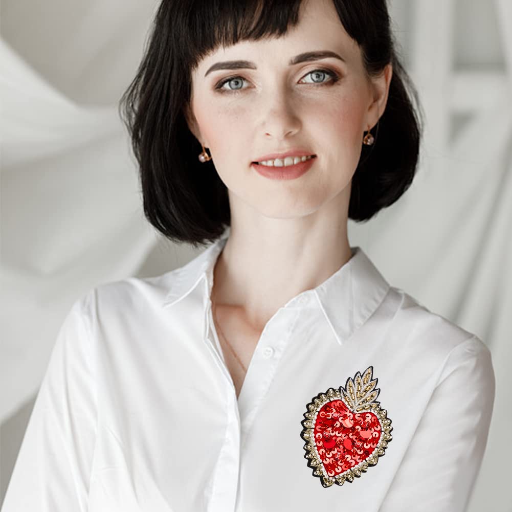 INFUNLY 3pcs Heart Rhinestone Bead Patch - Red Crystal Sew On DIY Decorative Patches for Dress, Jeans, Jackets & Handbags - Handmade Bling Applique for Fashion & Craft Projects