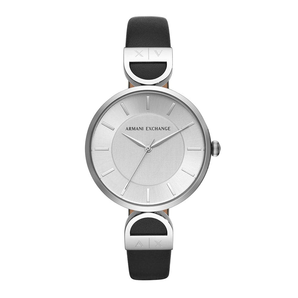 ARMANI EXCHANGE AX5323 Women's Watch - Silver Stainless Steel Case with Black Leather Strap, Analog Quartz Movement | Perfect for Office, Evening Events & Everyday Wear
