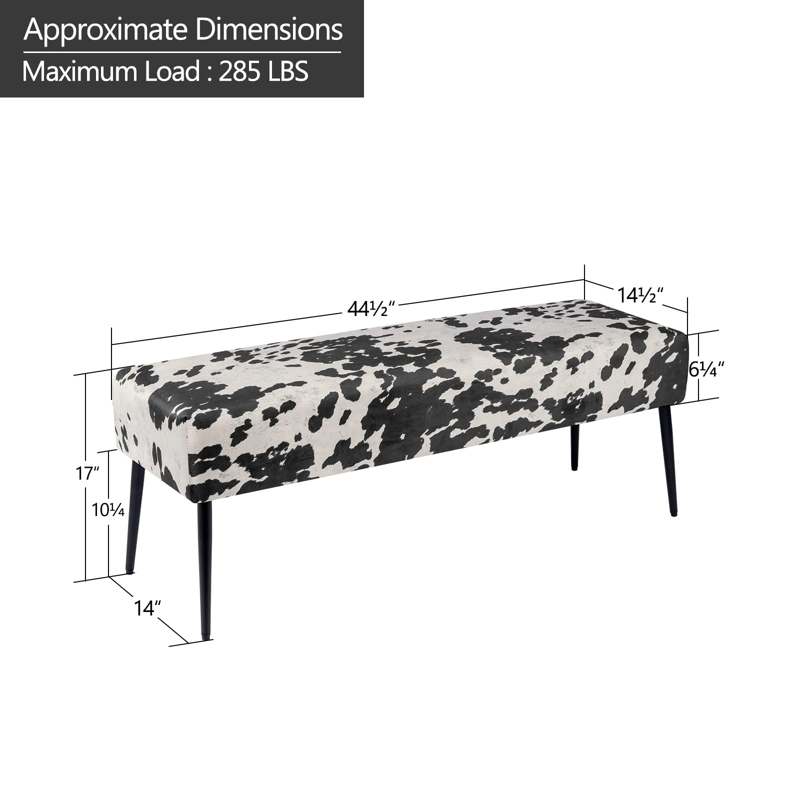 DUHOME Velvet Bench Ottoman with Cow Print - Upholstered Bedroom Bench with Black Metal Base - Perfect for Entryway, Dining Room, Living Room & Bedroom Decor - Stylish Seating & Storage Solution for Home, Office or Dorm