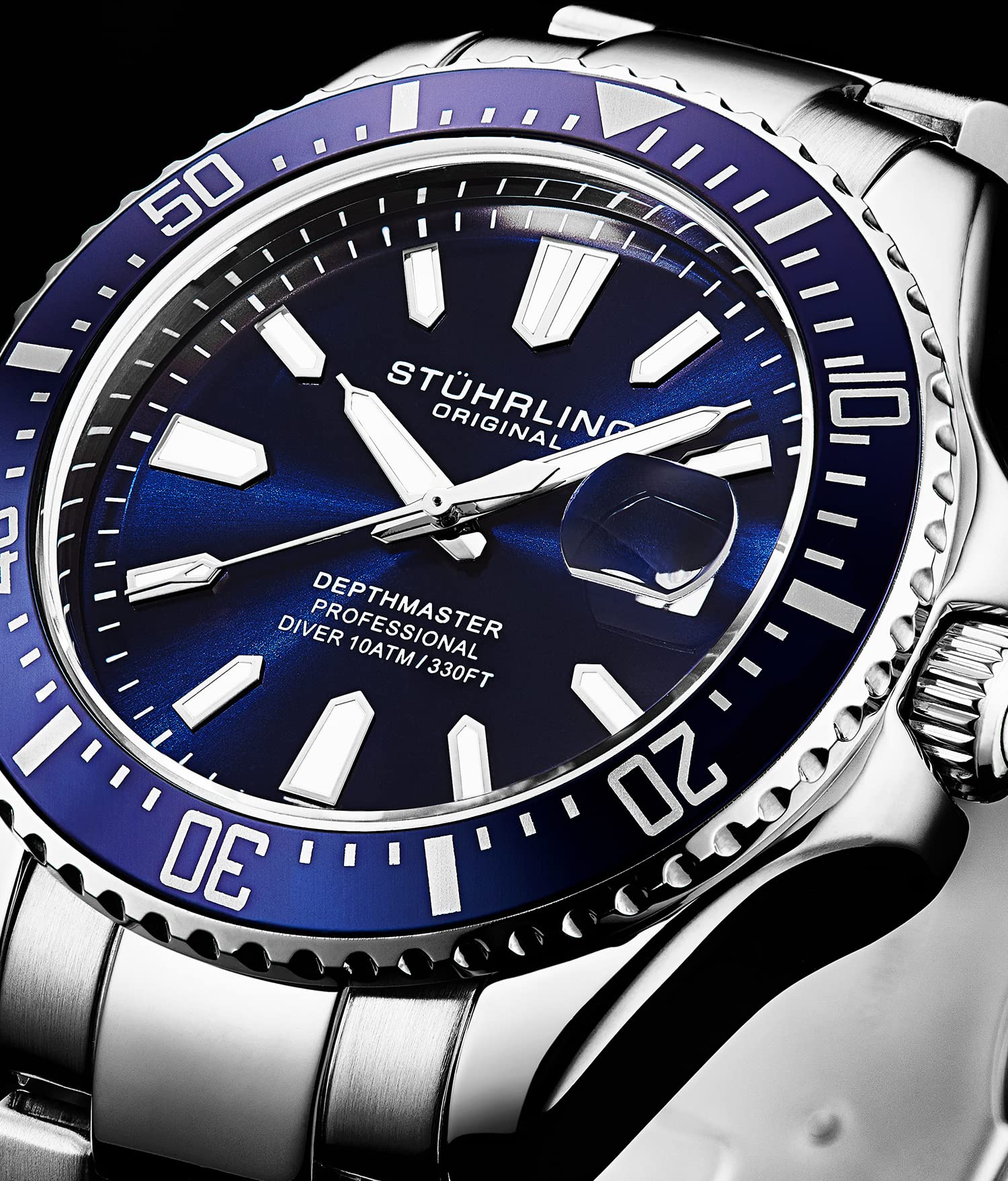 Stuhrling Original Men's Pro Diver Watch - 42mm Stainless Steel Case, Blue Dial, Silver Band - Waterproof Sports Watch for Diving, Swimming & Outdoor Activities