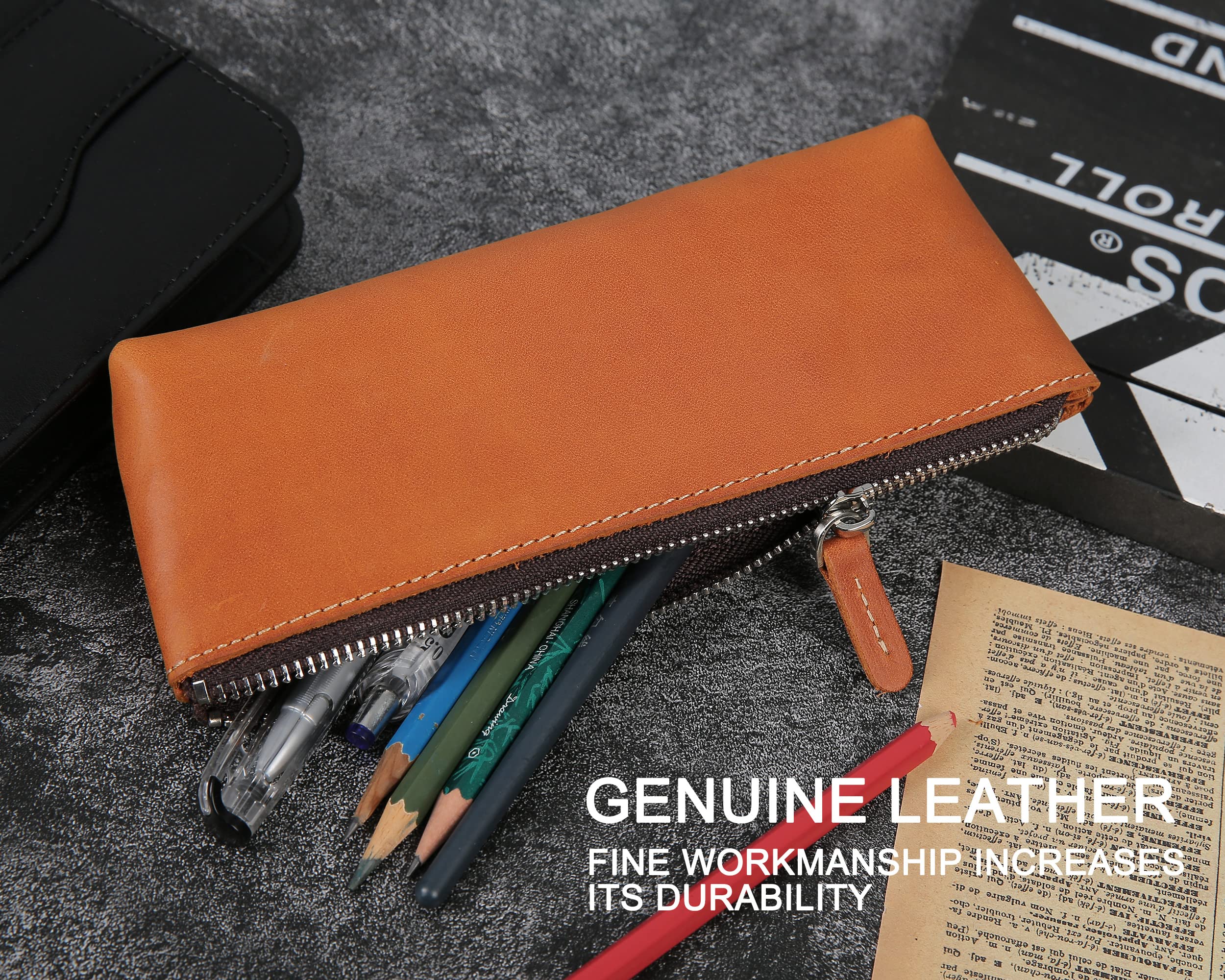 Premium Genuine Leather Pen Pouch - CHULEAG Handcrafted Zipper Pencil Case for School, Office & Travel | Elegant Small Leather Pouch for Writing Tools, Coins, Makeup & Accessories | Durable Money Bag & Organizer