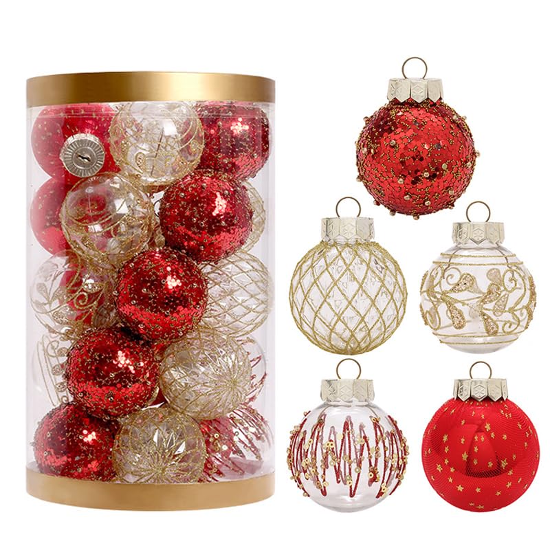 GARVEE 25 Pcs Shatterproof Christmas Ornament Balls - 2.4 Inch Clear PET Plastic Holiday Decorations for Xmas Tree, Wedding, Party (Red & Gold) - Perfect for Home, Office, and Festive Celebrations