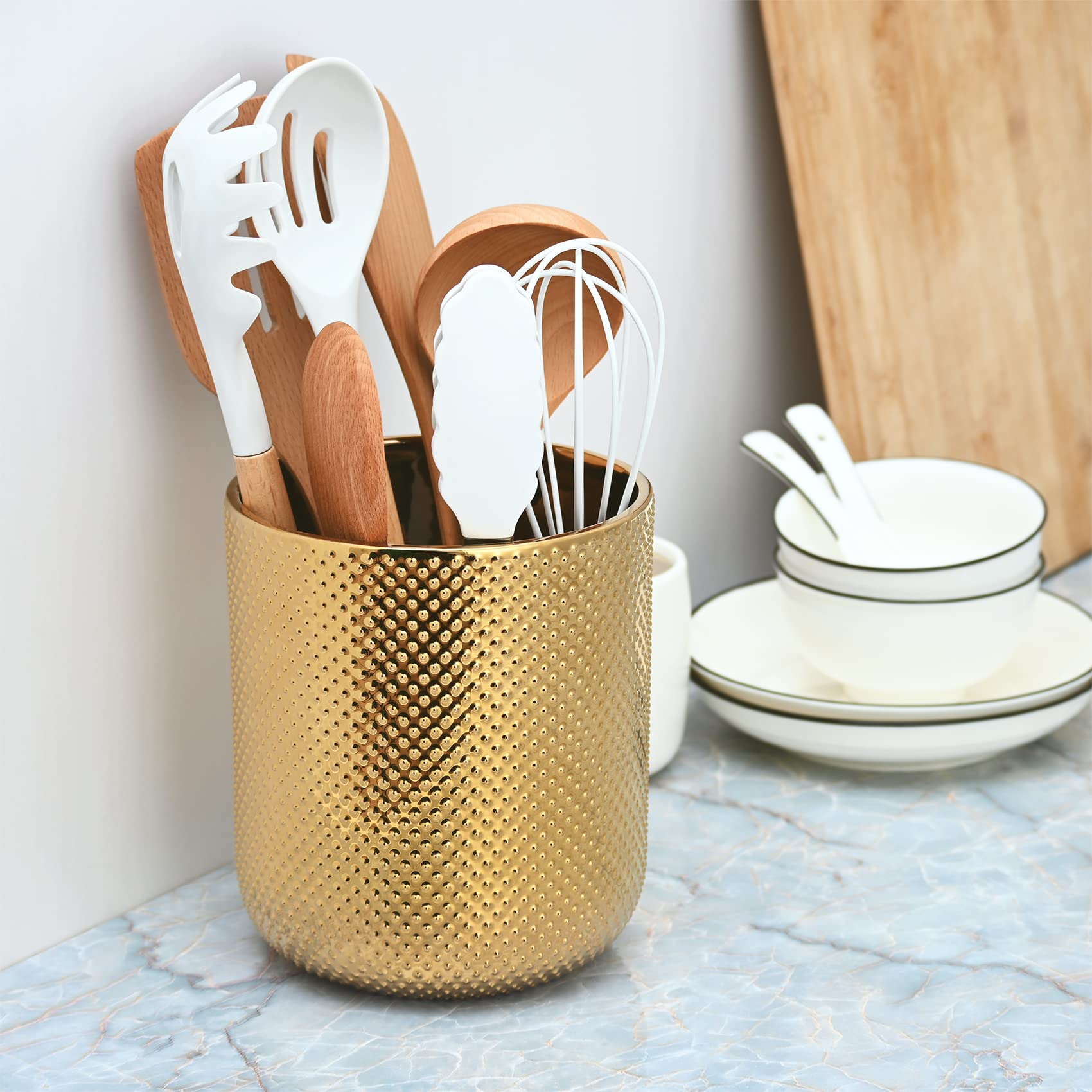 Ceramic Kitchen Utensil Holder - Gold Countertop Organizer for Cooking Tools (5.1