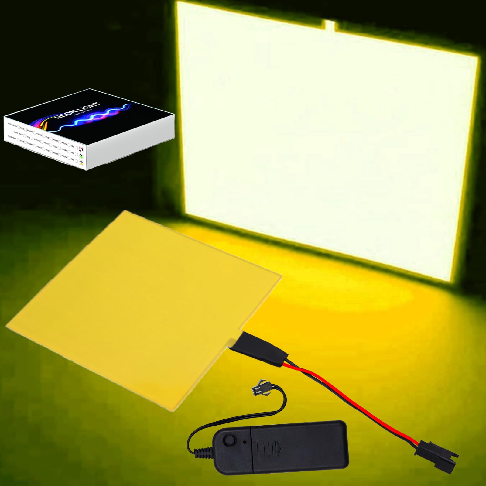 Cuttable DIY Electroluminescent EL Panel Light Sheet - 10x10cm EL Wire Lights with Battery Pack (3 Modes, Yellow) for Home Decoration, Party Lighting & Creative DIY Projects