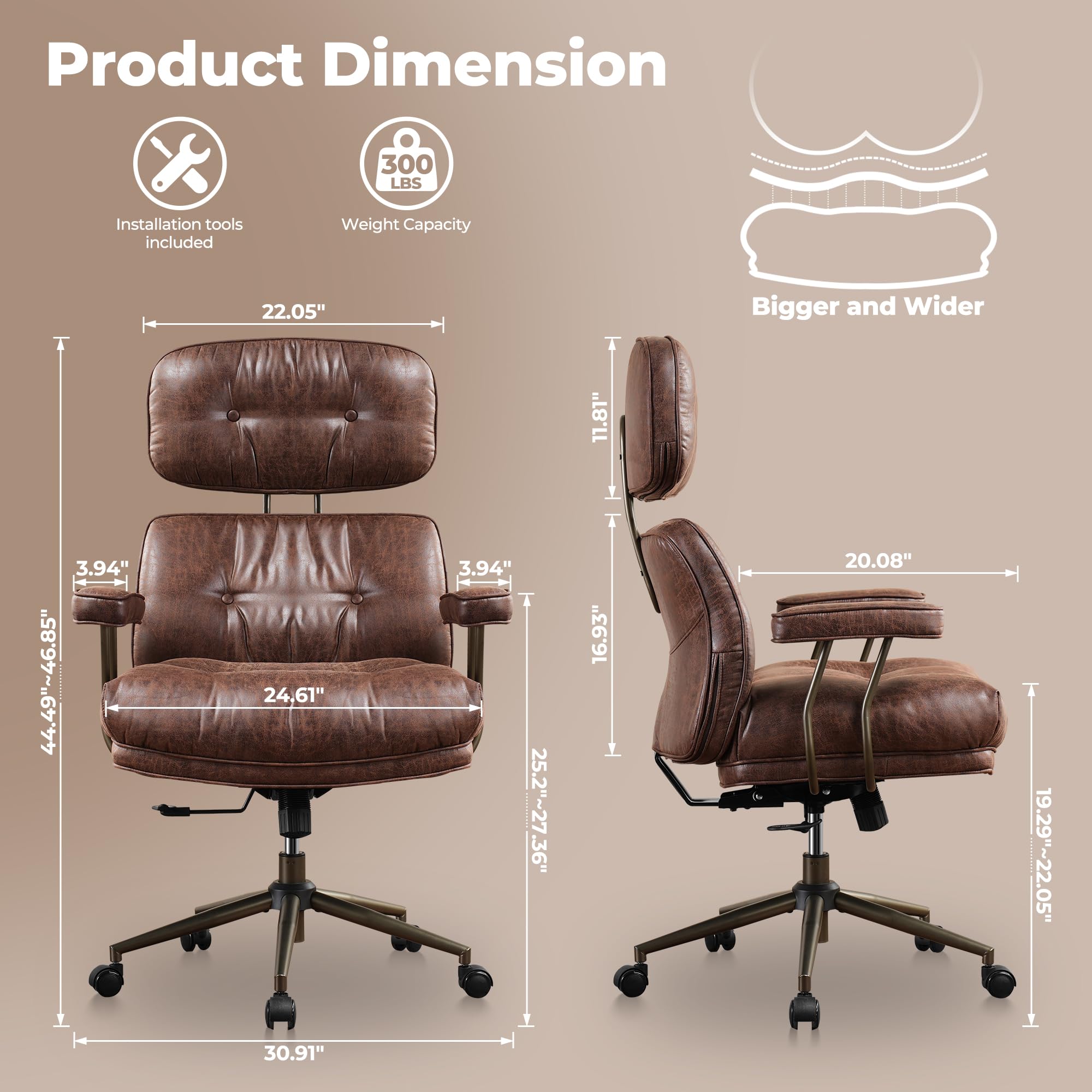 Ovios Ergonomic Home Office Chair - Mid-Century Modern Faux Leather Executive Chair with Thickened Cushions, High Back Support & Smooth Swivel Wheels - Comfortable Computer Desk Chair for Work, Gaming & Study (Dark Brown, Suede Leather) - Perfect for Home Office, Conference Room & Workspace