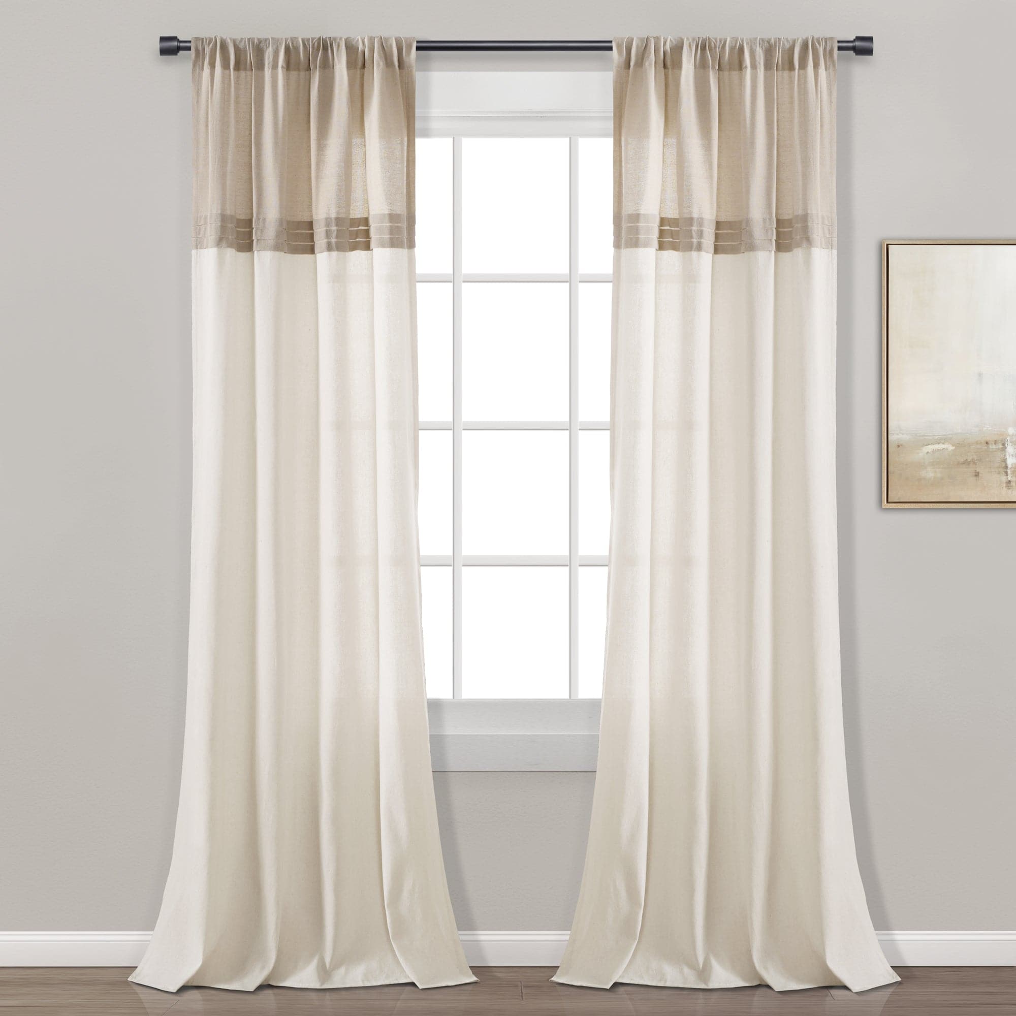 Farmhouse Style Faux Linen Colorblock Pleated Window Curtains - Blackout Drapes for Living Room, Bedroom & Kitchen - Light Filtering & Privacy Sheer Panels - Home Decor & Housewarming Gift