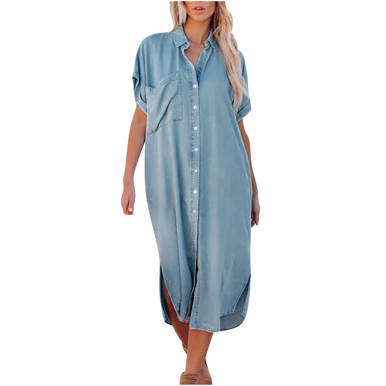 2023 Women's Denim Button Up Shirt Dress - Casual Lapel Short Sleeve Maxi Dress in Blue Jean | Perfect for Summer Outings, Beach Cover-ups & Casual Office Wear