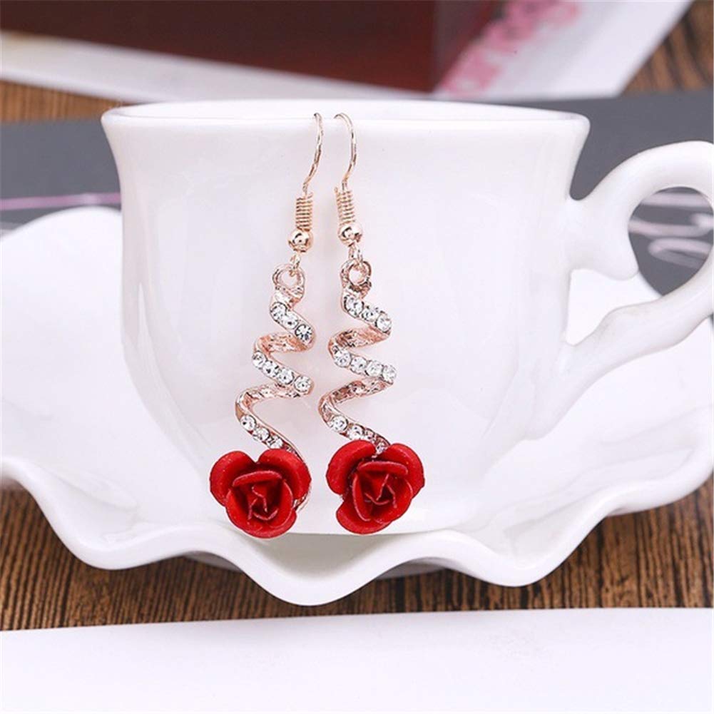Elegant Vintage Rose Gold Spiral Dangle Earrings with Rhinestones - Romantic Red Rose Drop Earrings for Women | Perfect for Weddings, Date Nights & Special Occasions