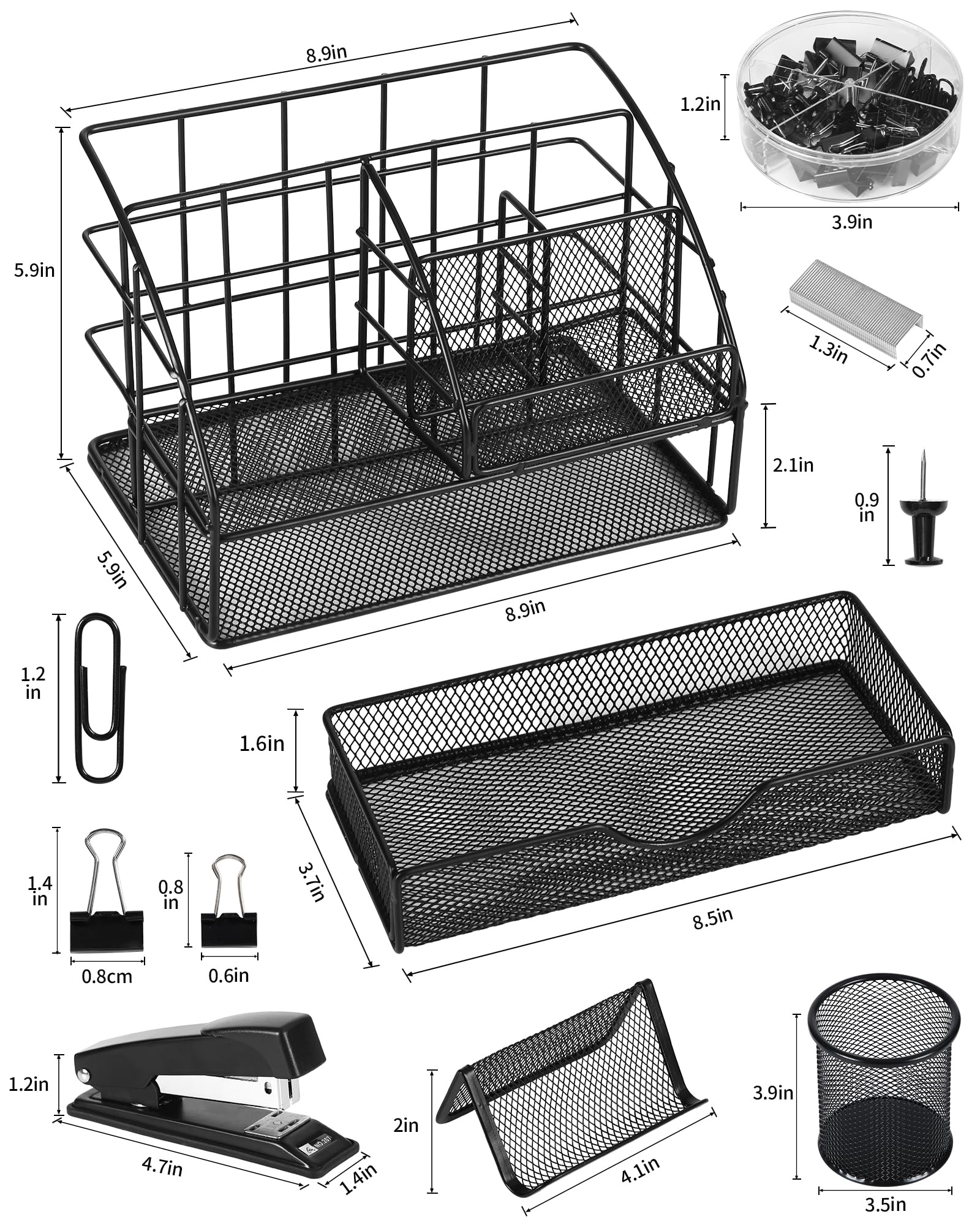 Black Desk Organizer Set with Pen Holder, Stapler & 72 Clips - Premium Office Supplies for Desk Organization - Perfect for Home, School & Office Workspaces
