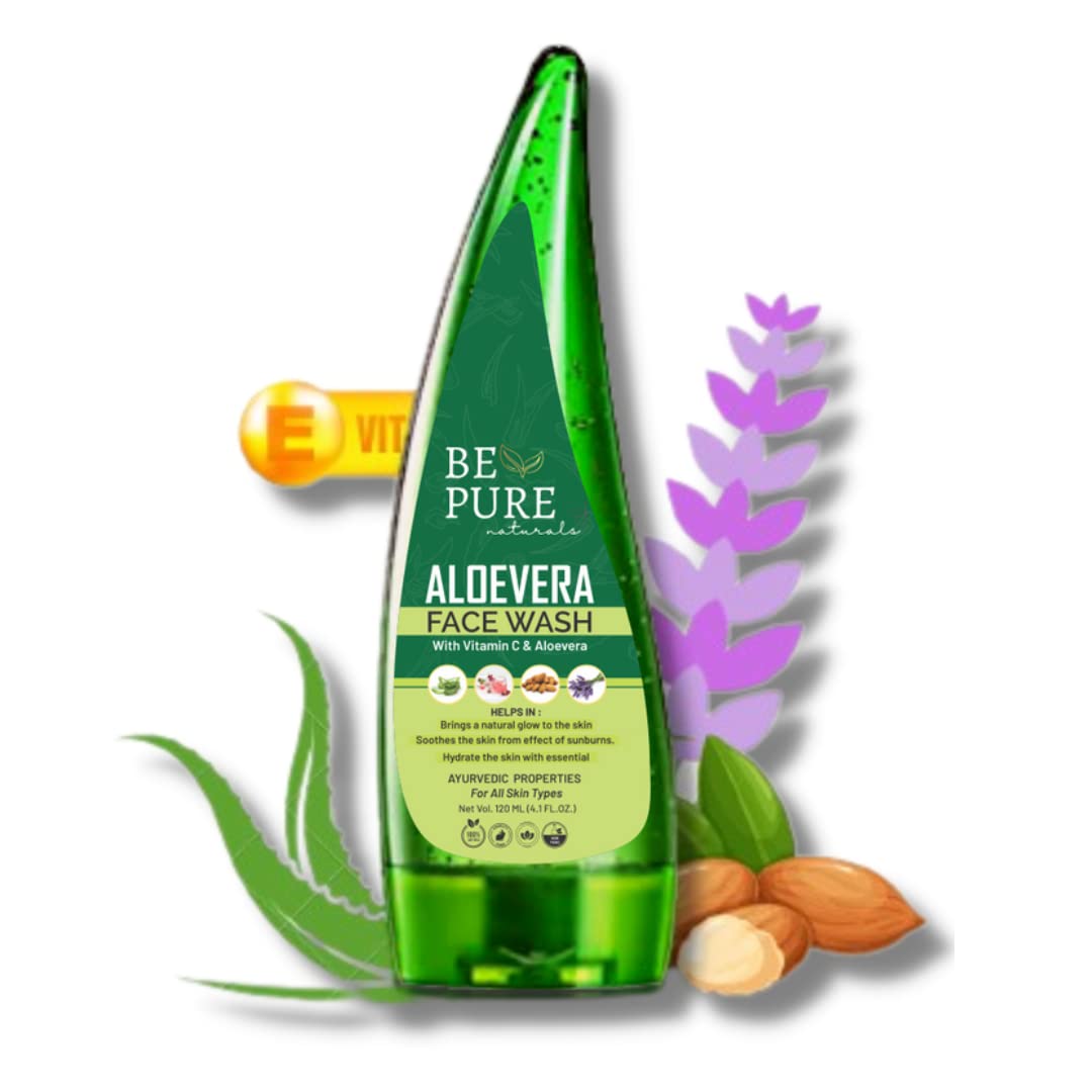 Be Pure Naturals Aloe Vera Face Wash with Vitamin E for Acne & Pimple Free Skin - Contains Almond Oil, Lavender, Rose, Enzymes & Amino Acids for Smooth Glowing Skin (120ml) - Gentle Daily Cleanser for Oily & Sensitive Skin, Perfect for Morning & Night Skincare Routine