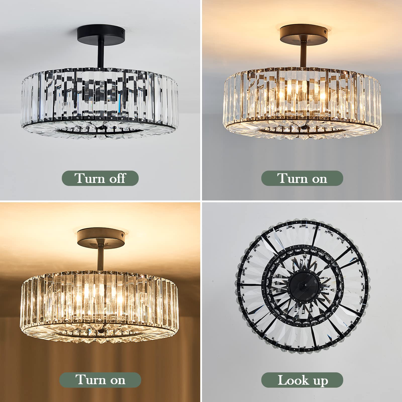 4-Light Modern Crystal Chandelier - Black Round Semi-Flush Mount Ceiling Light Fixture - Farmhouse Style Lighting for Dining Room, Living Room, Bedroom, Hallway, Entryway & Kitchen - Perfect for Home Decor, Wedding Venues and Restaurants
