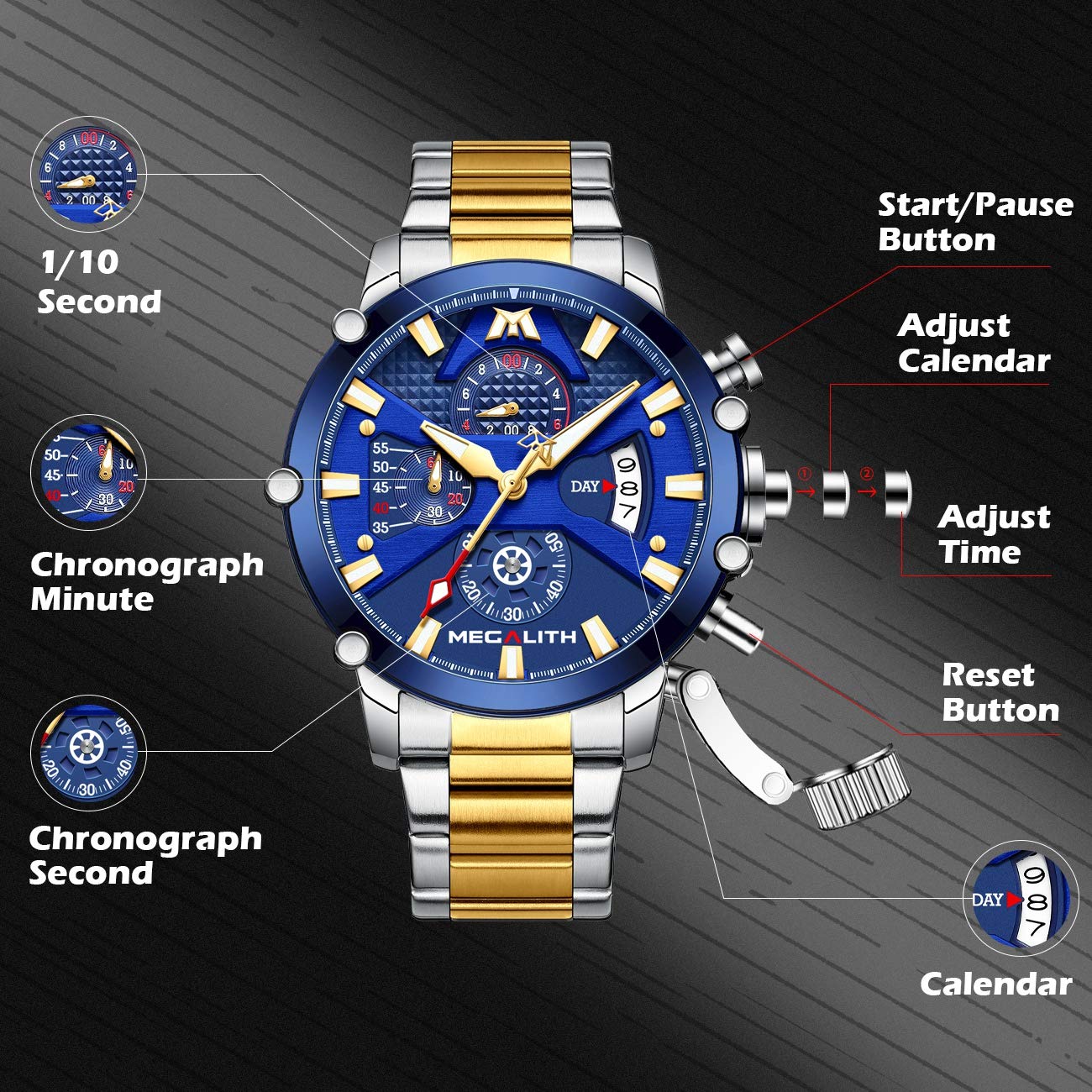 MEGALATH Men's Stainless Steel Chronograph Watch 45mm - Waterproof Analog Quartz Date Luminous Multifunctional Wristwatch for Men - Perfect for Outdoor, Business, Casual & Sports Wear