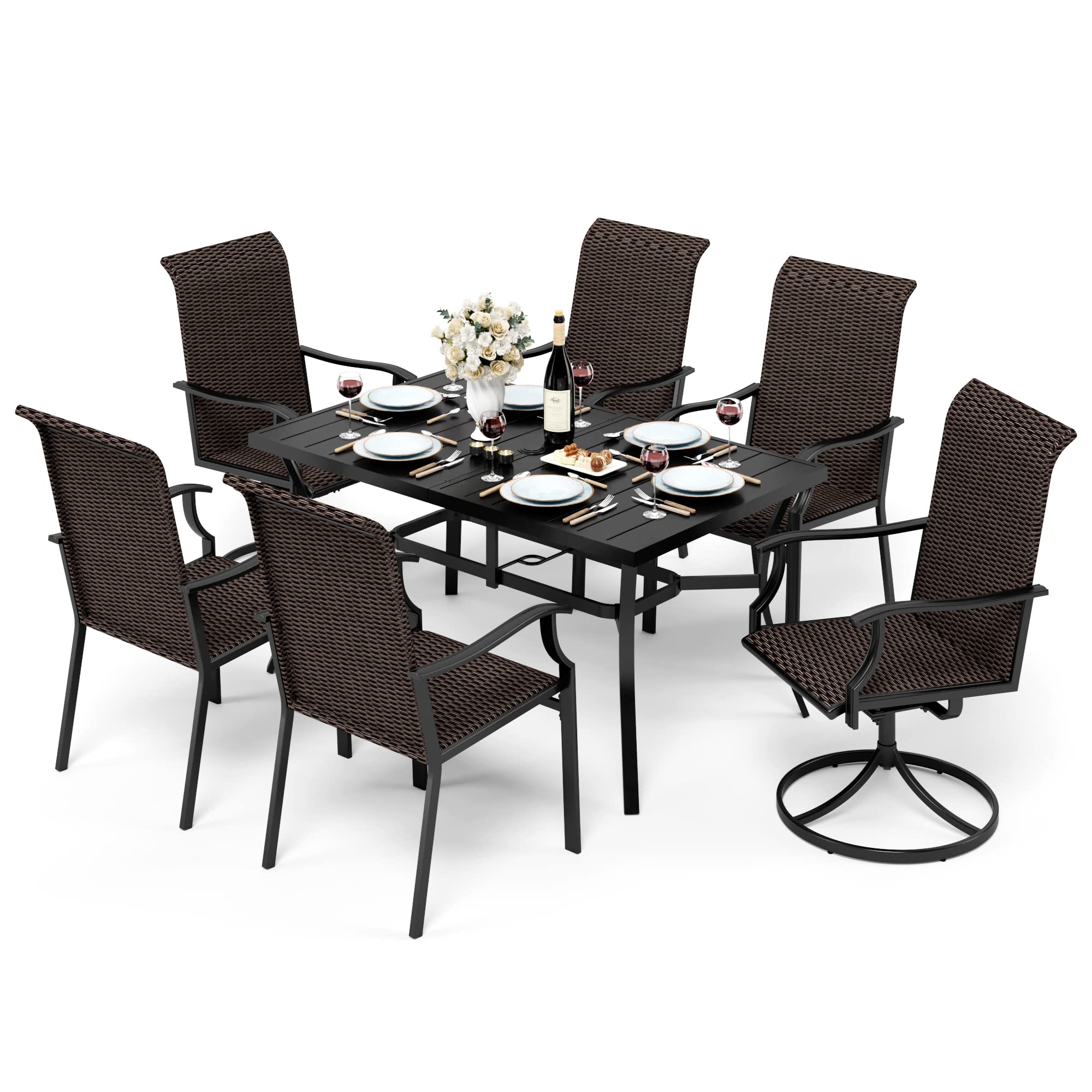 7-Piece Outdoor Patio Dining Set with 6 Rattan Chairs (2 Swivel) & Metal Table - Perfect for Garden, Backyard, Poolside & Outdoor Entertaining