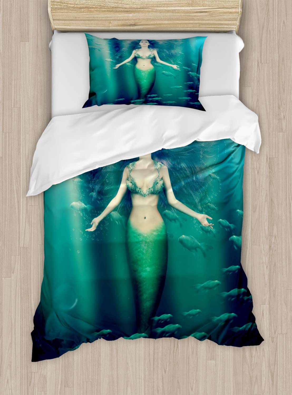Ambesonne Mermaid Duvet Cover Set - Twin Size 2-Piece Bedding with 2 Pillowcases, Underwater Fantasy Design in Green Aqua Purple - Perfect for Kids' Rooms, Beach Themed Decor & Mermaid Lovers