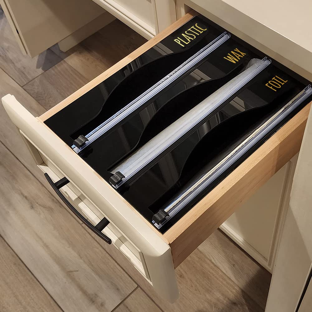 OnDisplay Luxe Acrylic 3-in-1 Plastic Wrap, Wax Paper & Aluminum Foil Dispenser - Wall Mountable or Drawer Organizer (Black) - Perfect for Kitchen Countertop, Pantry & Food Storage Organization