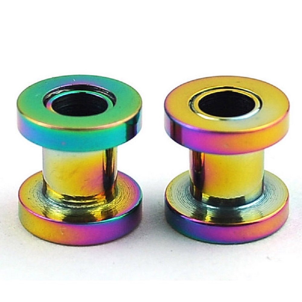 Oil Slick Multicolor Titanium Plated Surgical Steel Screw-on Ear Plugs/Gauges - 1 Pair (2 Pieces) - Size B/64 - Perfect for Stretching, Body Modification & Alternative Fashion