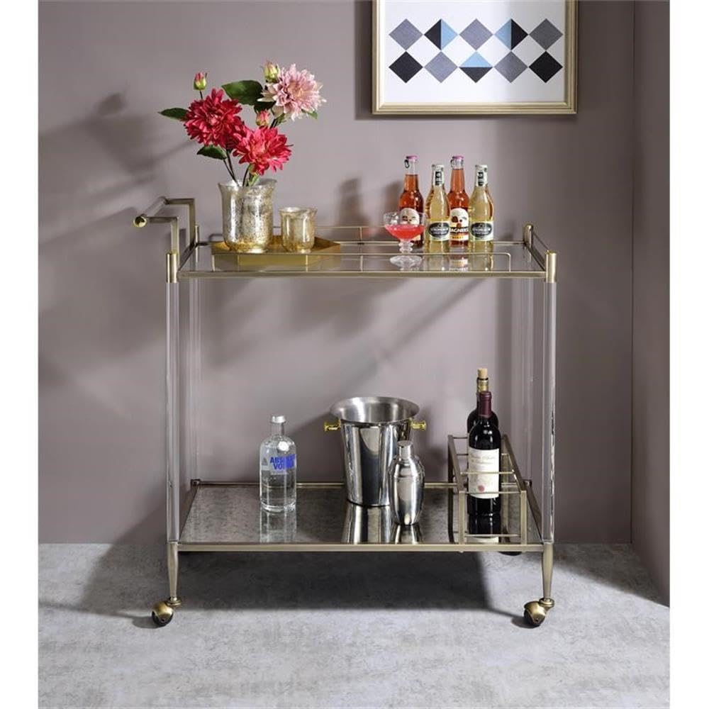 Acme Cirro Serving Cart with Antique Mirror & Brass Wire Metal Frame - Perfect for Dining, Kitchen, and Outdoor Entertaining