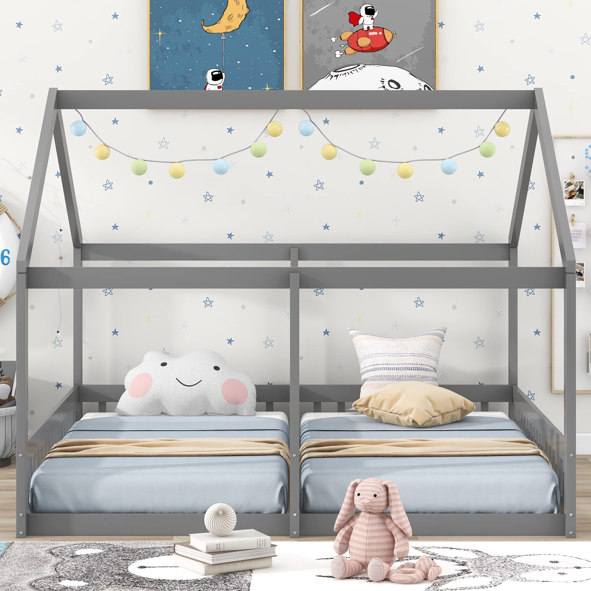 Twin Size House Platform Bed Frame - Solid Pine Wood Kids Bed with Roof - Gray - Perfect for Shared Bedrooms, Playrooms, and Cozy Sleepovers