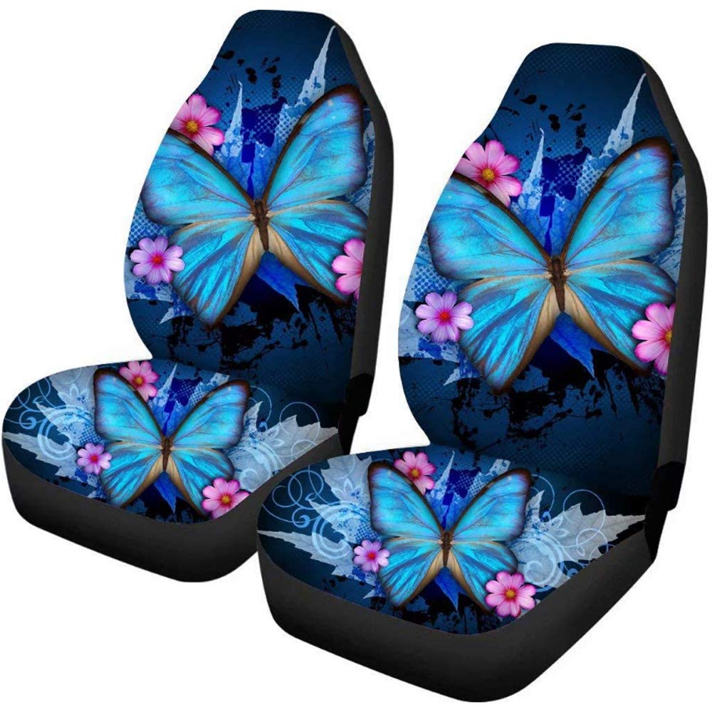 Vintage Blue Butterfly Printed Car Seat Covers (2-Piece Set) - Universal Front Seat Protector Mats for Sedan, SUV, Van & Truck | Waterproof & Non-Slip Design for Comfort & Style | Perfect for Road Trips, Daily Commute & Car Decor