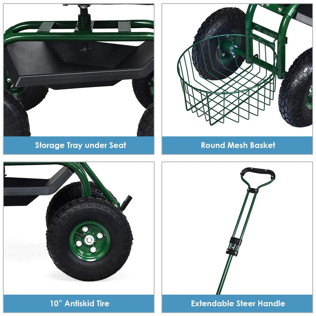 **GRAFFY Heavy Duty Garden Cart with Wheels - Rolling Gardening Stool with Tray & Basket, Adjustable Seat & Handle - Mobile Work Seat for Lawn, Patio & Yard Work - Perfect for Planting, Weeding & Outdoor Chores**