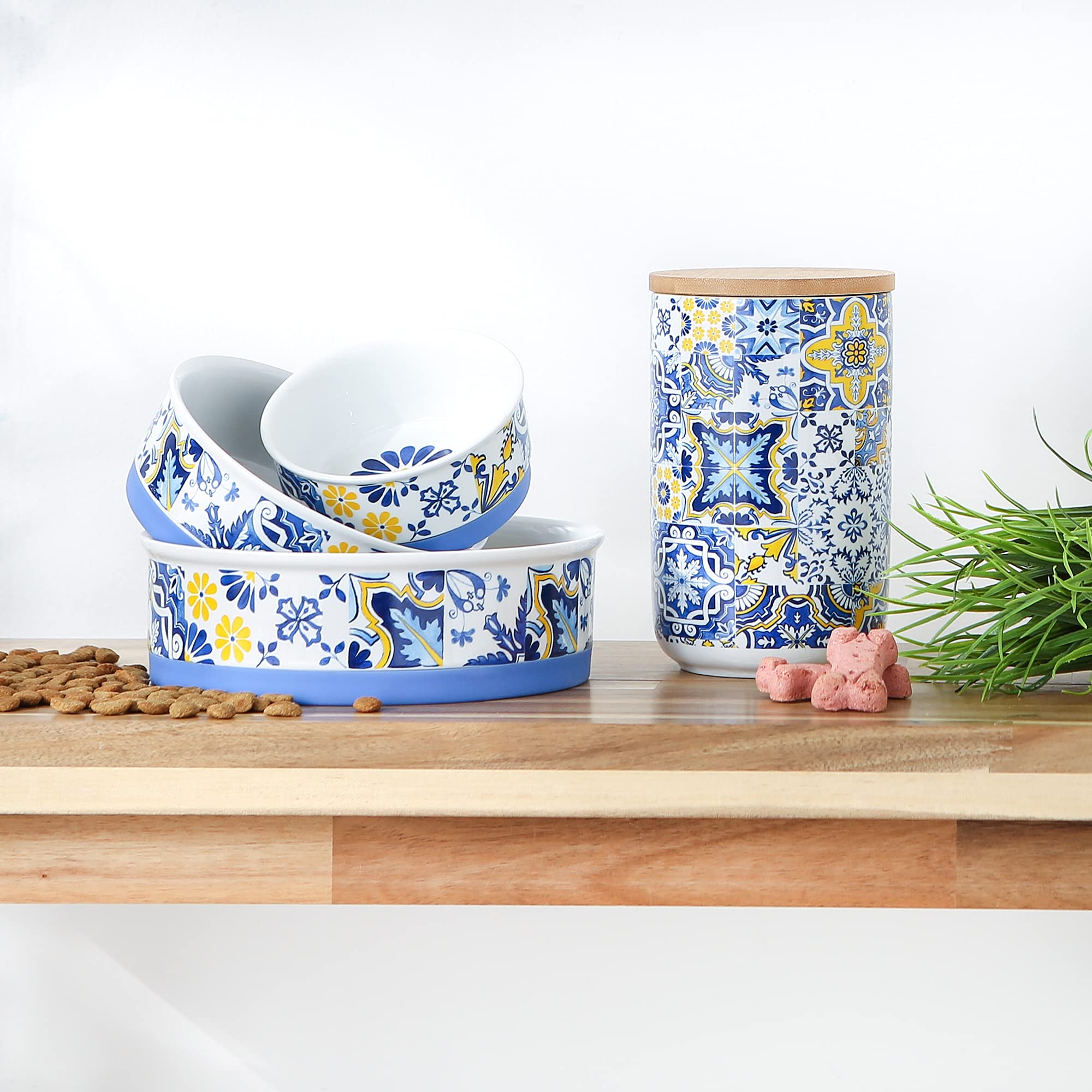 **Non-Slip Ceramic Pet Bowls for Food & Water – Bone Dry Design, Less Messy Feeding – Microwave & Dishwasher Safe Small Set (4.25x2 Inches, Azulejos Tile, 2-Pack) – Perfect for Cats & Dogs at Home or Travel**