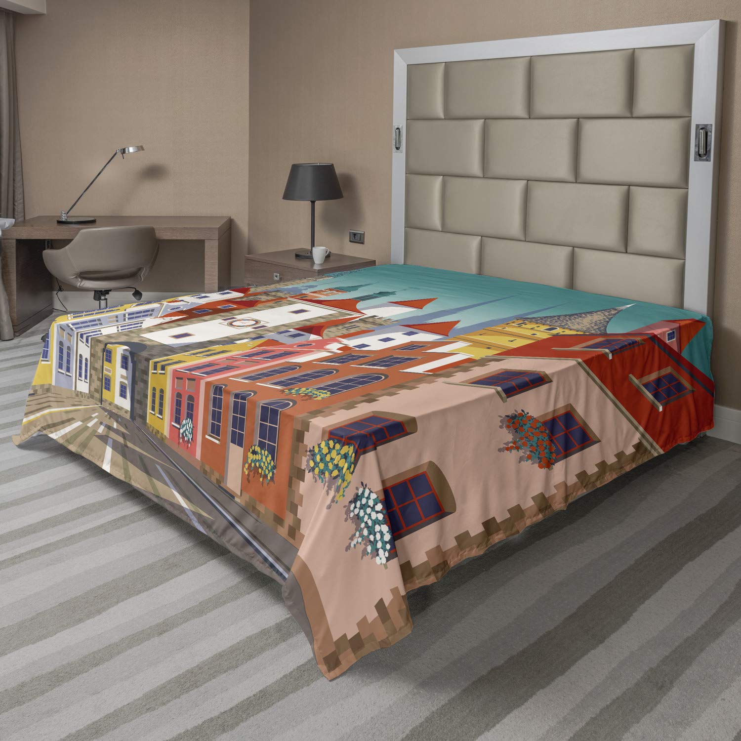 Ambesonne King Size Travel Flat Sheet - Soft & Comfortable European Medieval City Design with Houses & Alley - Teal Multicolor Decorative Bedding for Home, Hotel, Dorm Room