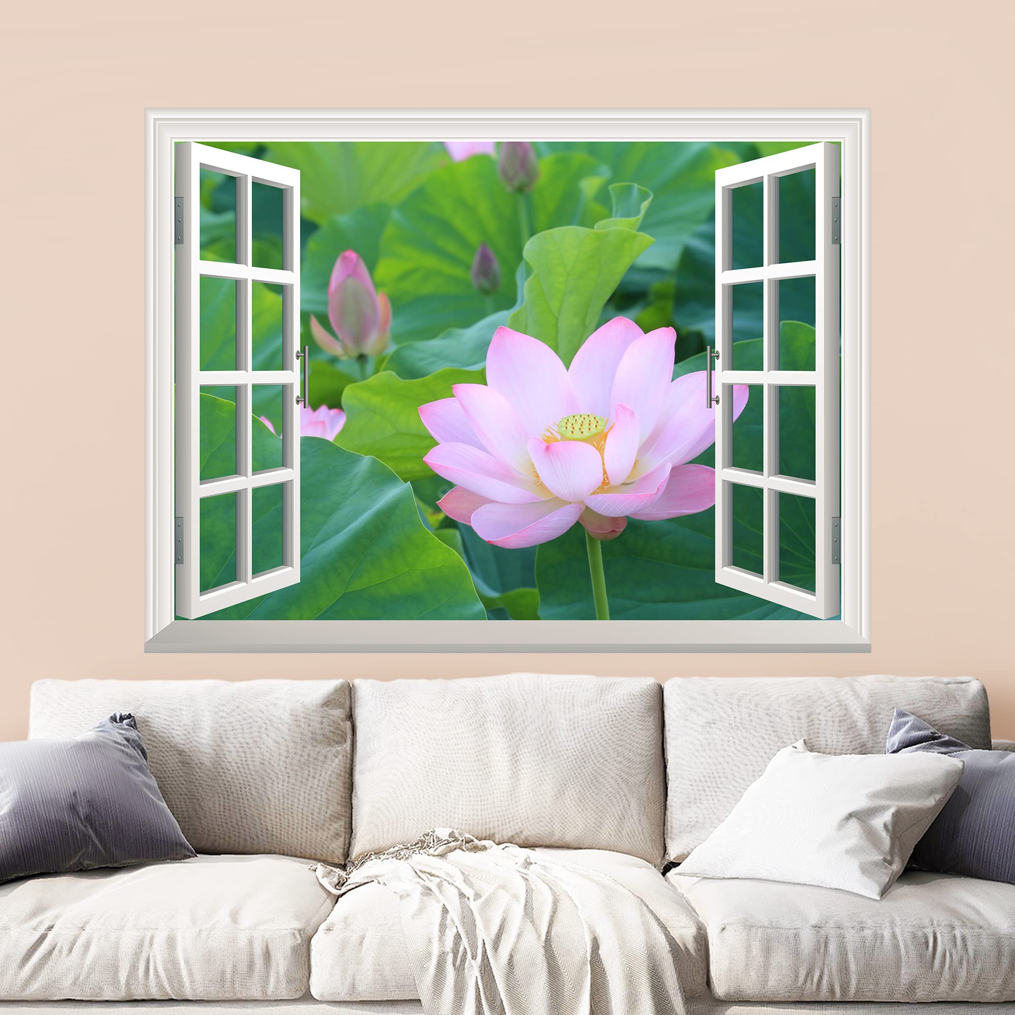 Wall26 Removable Wall Sticker & Mural - Beautiful Lotus Flower Bloom in Summer | Creative Window View Home Decor for Living Room, Bedroom, Nursery - 24