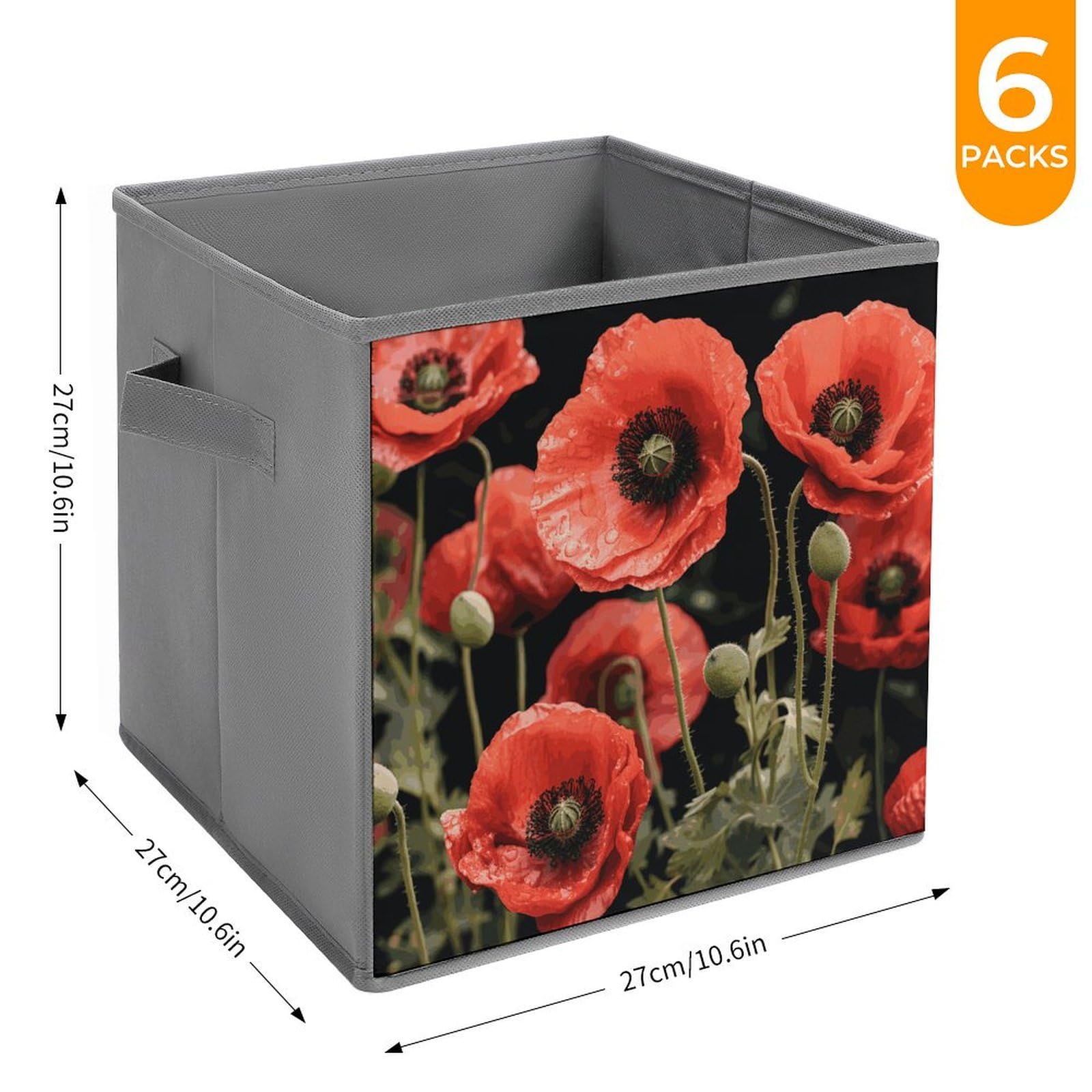6-Piece Collapsible Storage Bins with Handles - Red Poppy Flower & Leaf Print, Foldable Organizing Baskets for Home, Office, Closet & Shelves | Space-Saving Storage Solutions for Toys, Books & Household Items