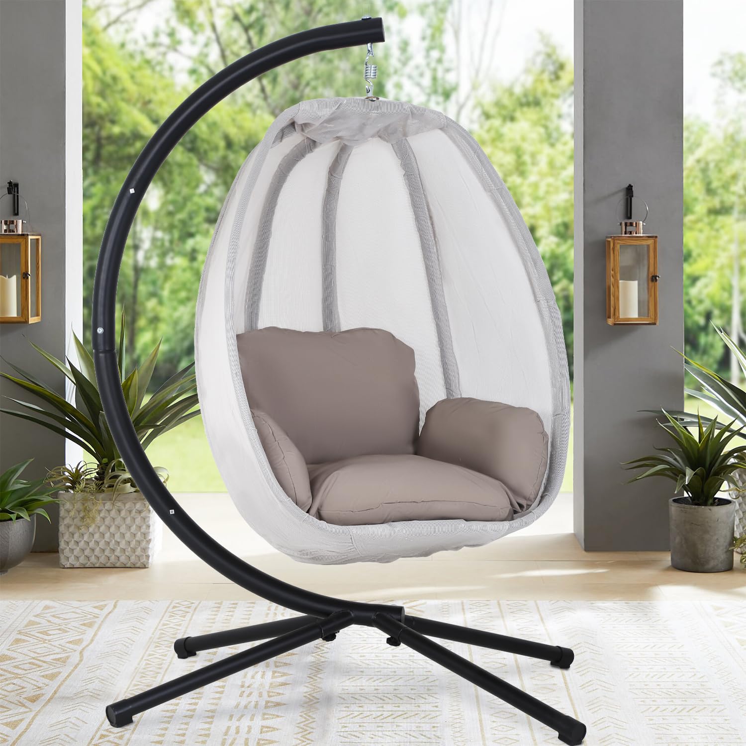 Comfy Egg Hanging Chair with Stand - Heavy Duty Indoor/Outdoor Hammock Chair with Breathable Fabric & Cushions - Perfect for Patio, Bedroom, Garden, Poolside Relaxation - Grey