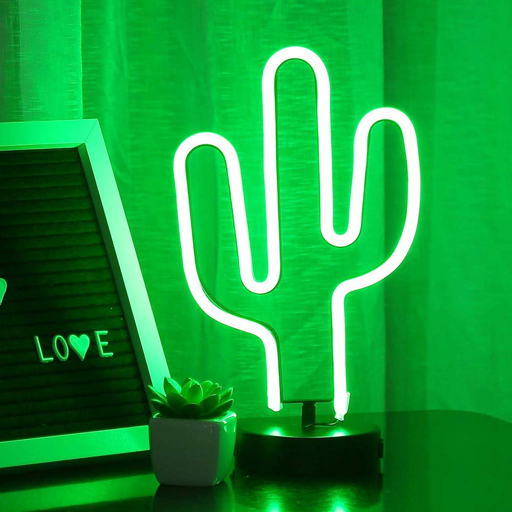 BAILEY Green Cactus Neon Lights - USB/Battery Powered LED Cactus Neon Sign with Stand - Kids Room Decor, Bedroom Night Light, Wedding Party Decorations - Perfect for Nursery, Teen Room & Boho Home Decor