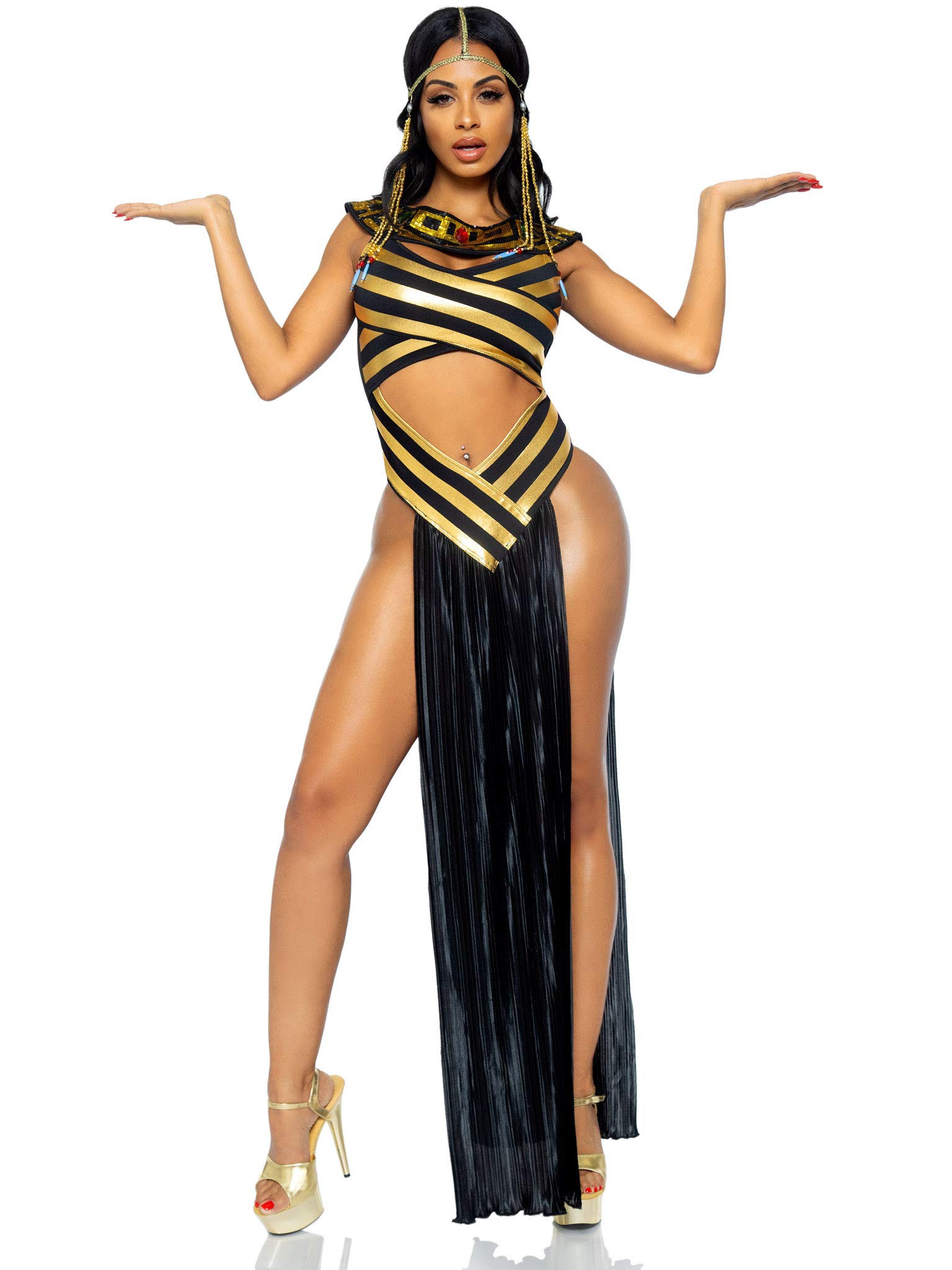 Leg Avenue Women's 3PC Nile Queen Costume - Catsuit Dress with Jeweled Collar & Headpiece - X-Large Size - Perfect for Halloween, Cosplay, and Themed Parties