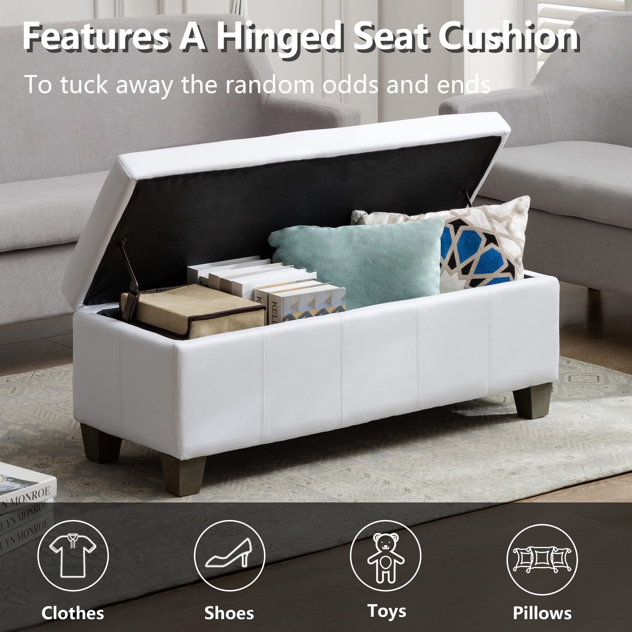 White Faux Leather Storage Ottoman Bench - Extra Long Rectangular Footrest with Hidden Storage | Perfect for Bedroom, Living Room & Entryway Seating and Organization