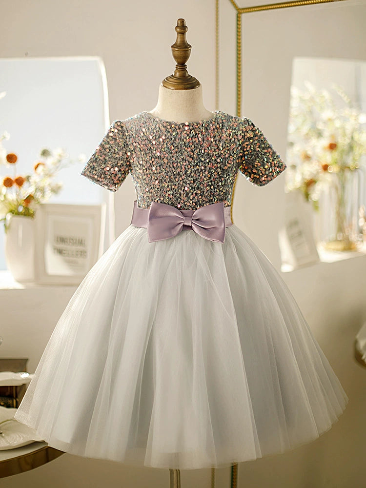 Dusty Blue Princess Round Tea Length Tulle Flower Girl Dress for Weddings, Bridal Showers & Special Occasions
