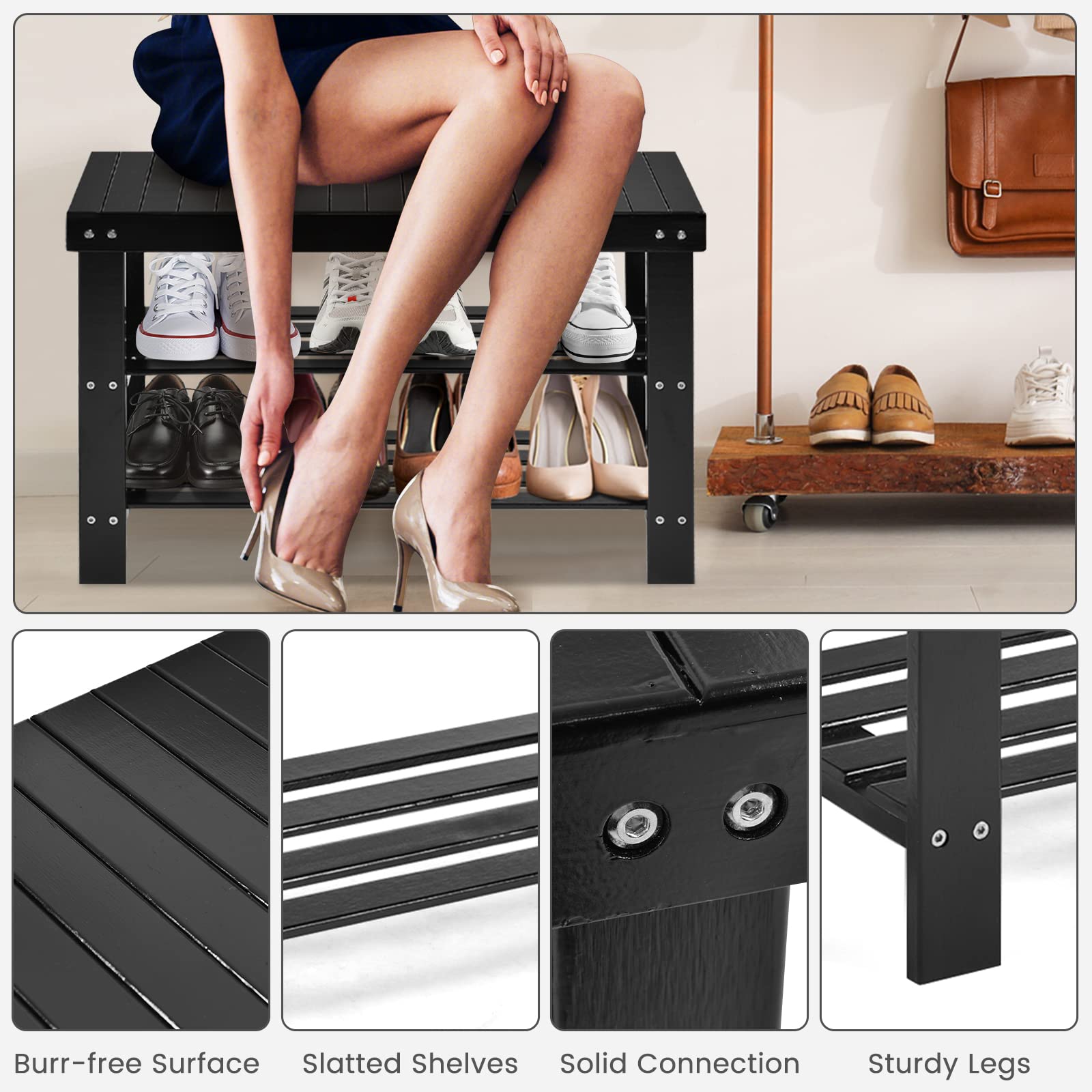 Giantex 3-Tier Bamboo Shoe Bench & Storage Rack - Holds 6 Pairs of Shoes - Entryway Organizer for Heels, Slippers - Perfect for Living Room, Bathroom, Closet & Mudroom Organization (Black)