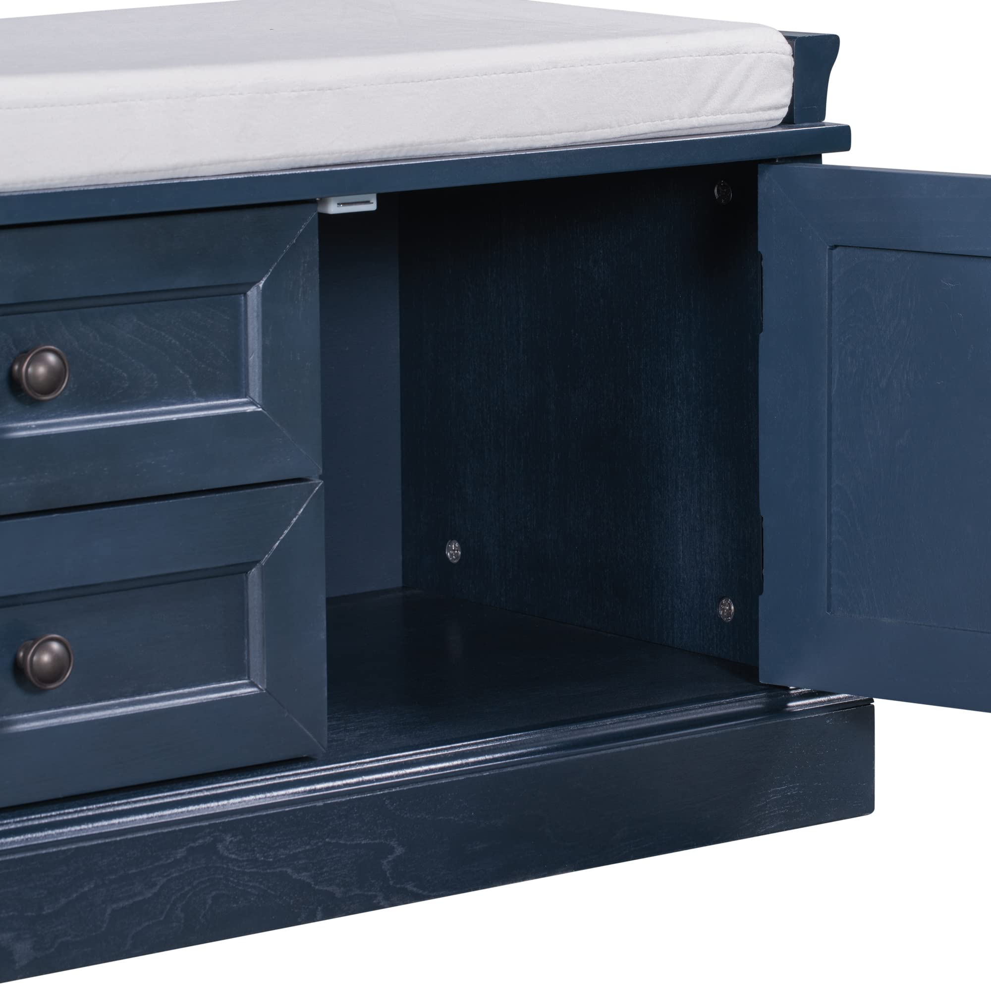 Rustic Solid Wood Storage Bench with 2 Drawers & Velvet Removable Cushion - Entryway Shoe Bench for Hallway, Living Room (Antique Navy) | Perfect for Small Space Organization & Home Decor