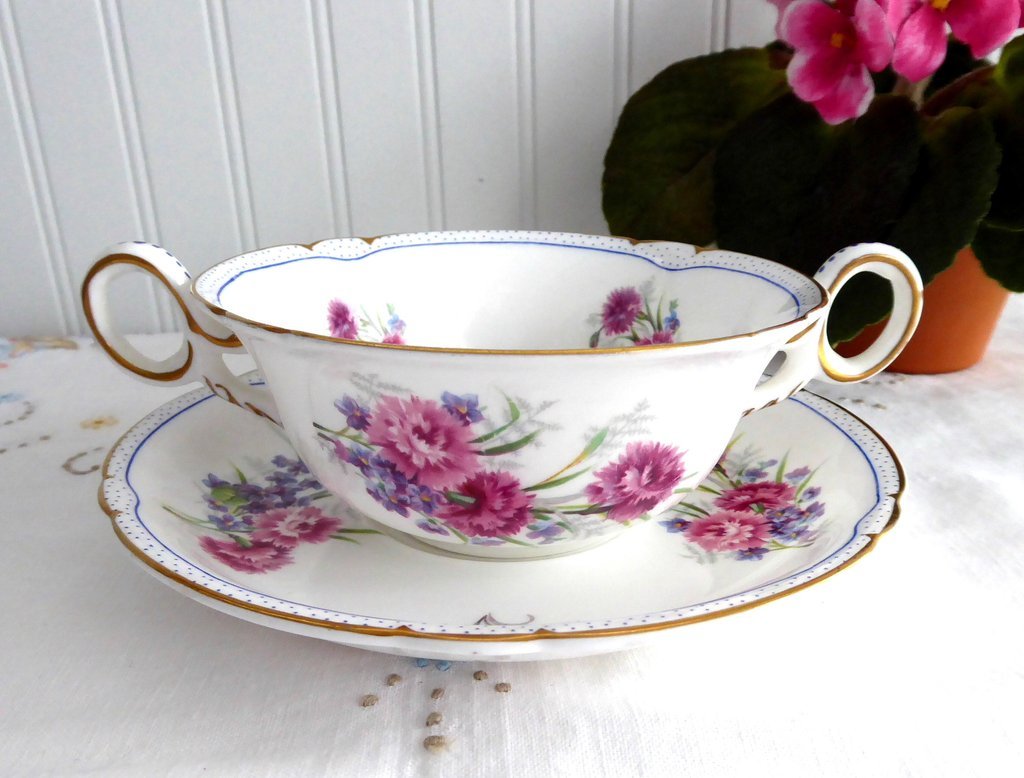 Vintage Shelley Carnation Cream Soup Cup and Saucer Set - Large Double Handle Tea Cup, Floral Design, 1938 Collectible - Perfect for Afternoon Tea, Antique Display, and Gift Giving