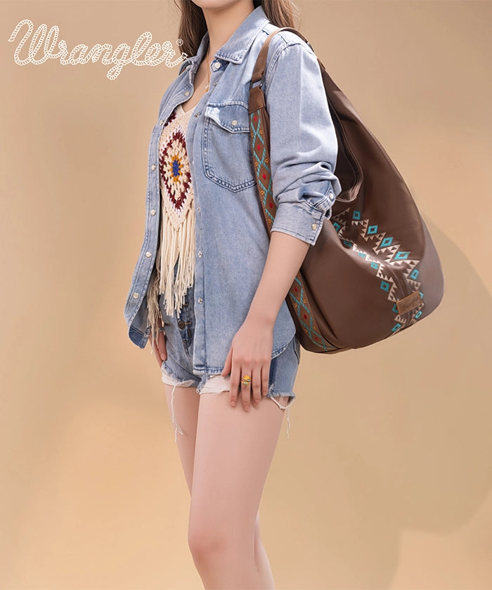 Wrangler Aztec Embroidered Wide Hobo Bag for Women - Stylish Boho Shoulder Purse with Tribal Pattern - Perfect for Casual Outings, Music Festivals & Travel Accessories