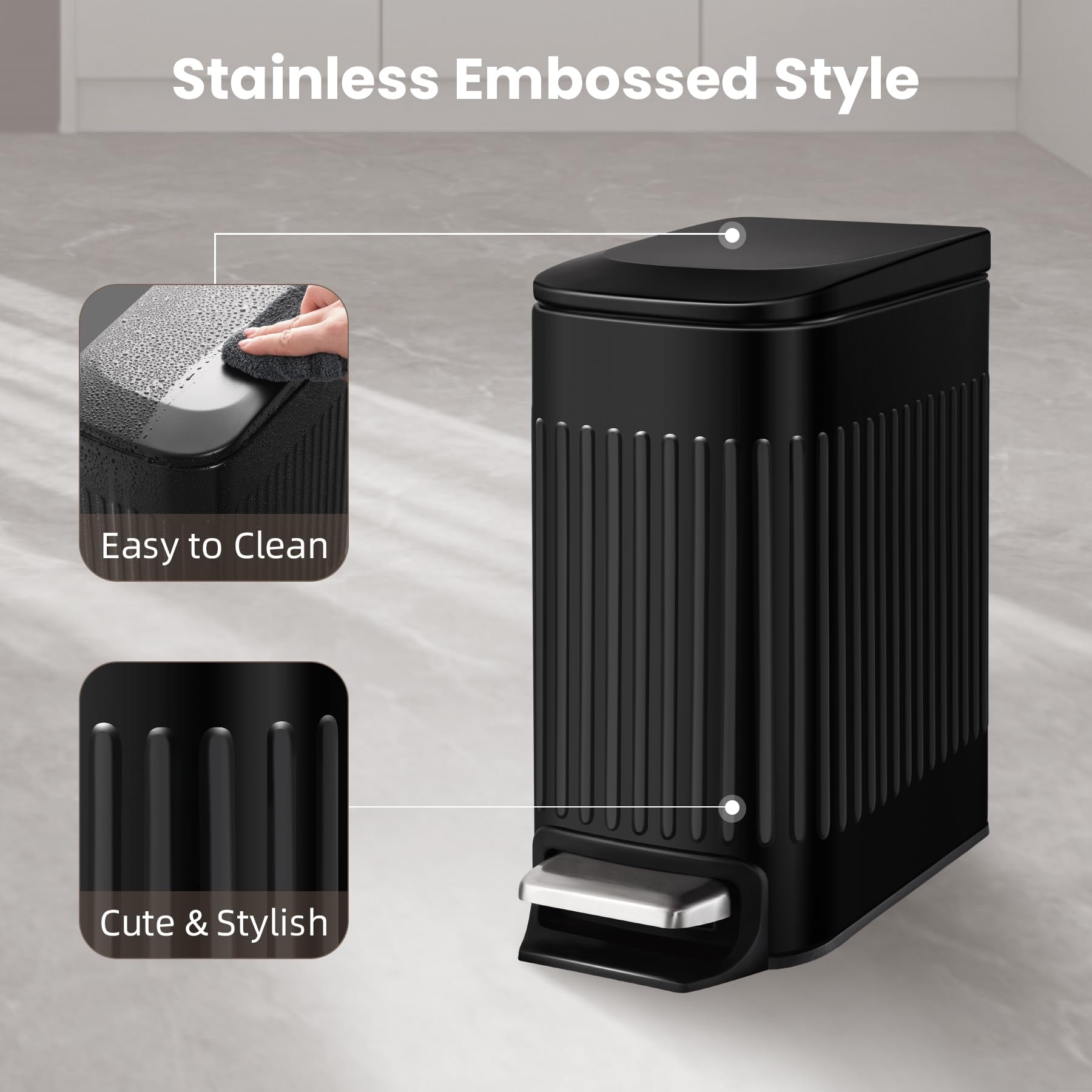 Cesun 1.6 Gallon Small Stainless Steel Bathroom Trash Can with Lid & Foot Pedal - Slim Matte Black Waste Basket for Bathroom, Office, Bedroom & Laundry - Perfect for Small Spaces & Odor Control