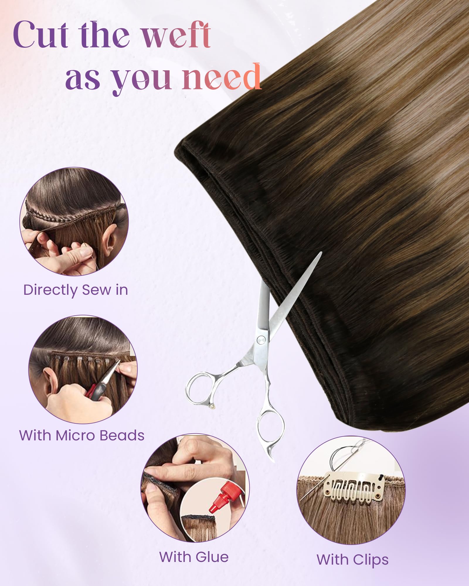 LaaVoo 100% Real Human Hair Weft Extensions - 20 Inch Long, Brown to Ash Blonde Balayage Ombre - 100g Sew-In Hair Extensions for Volume & Length | Perfect for Weddings, Parties & Daily Styling